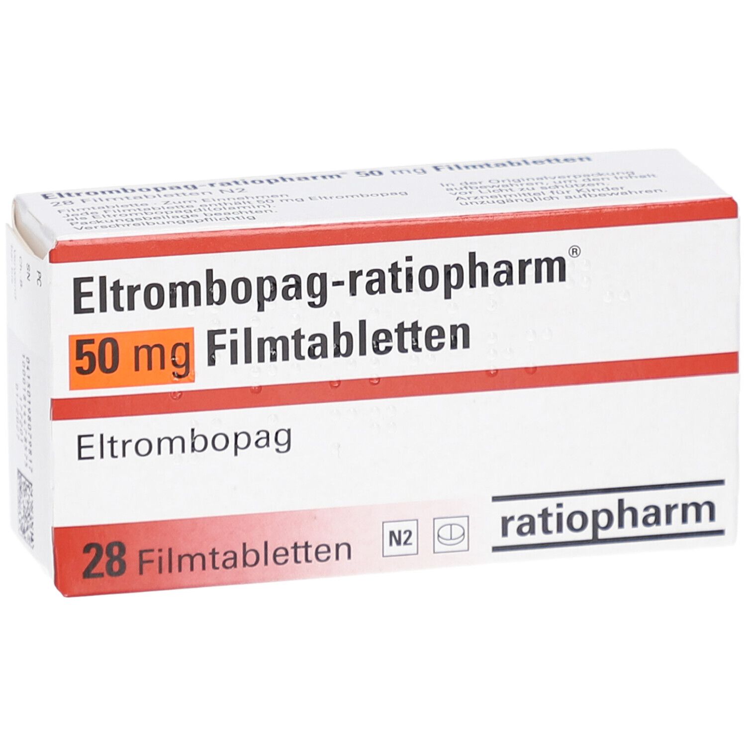 Schachtel ELTROMBOPAG-ratiopharm 50 mg Filmtabletten. Aufschrift: 28 Filmtabletten, ratiopharm. Orangefarbener Balken mit Dosierung.