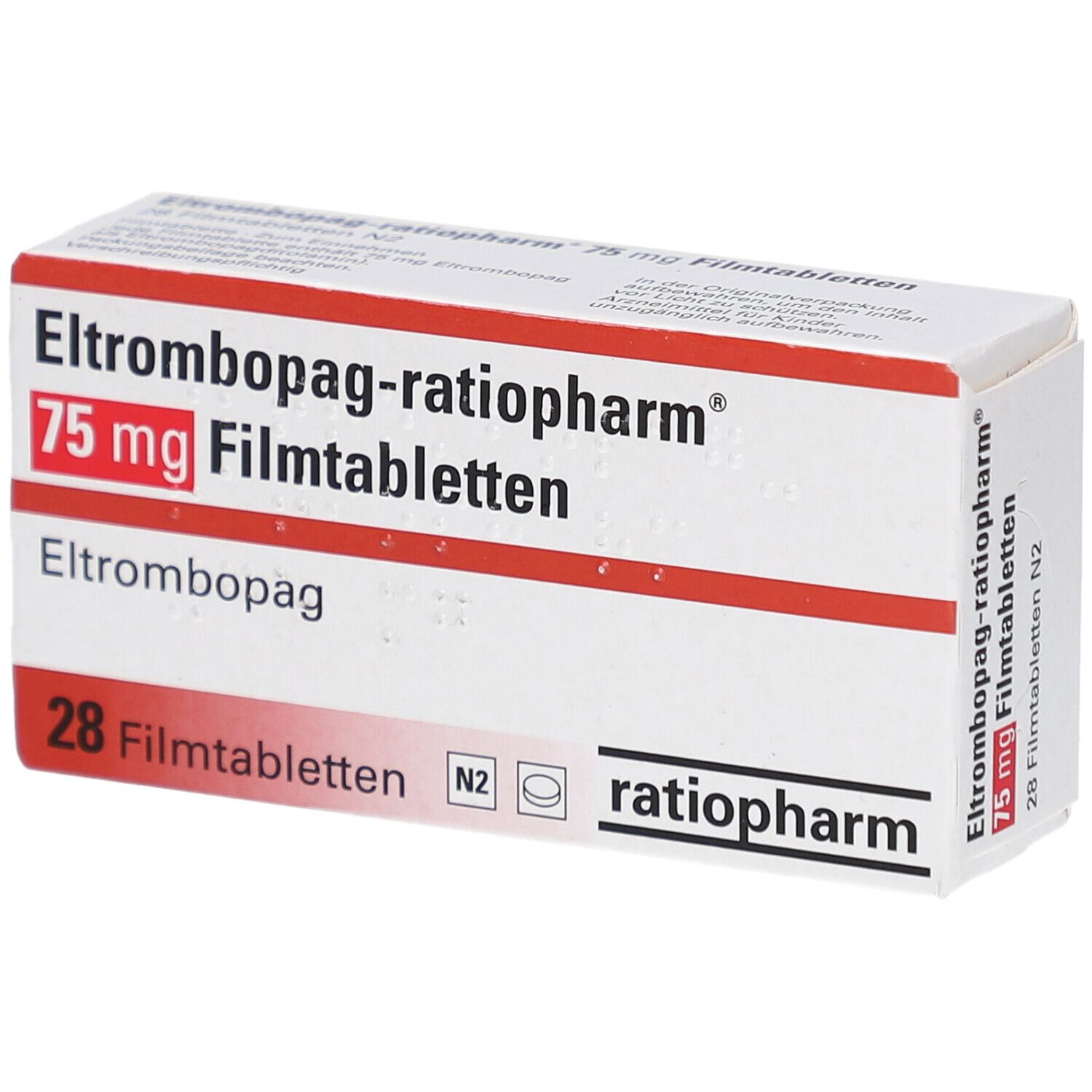 Schachtel mit roter und weißer Aufschrift. Enthält 28 Filmtabletten. Aufschrift: Eltrombopag-ratiopharm 75 mg Filmtabletten.