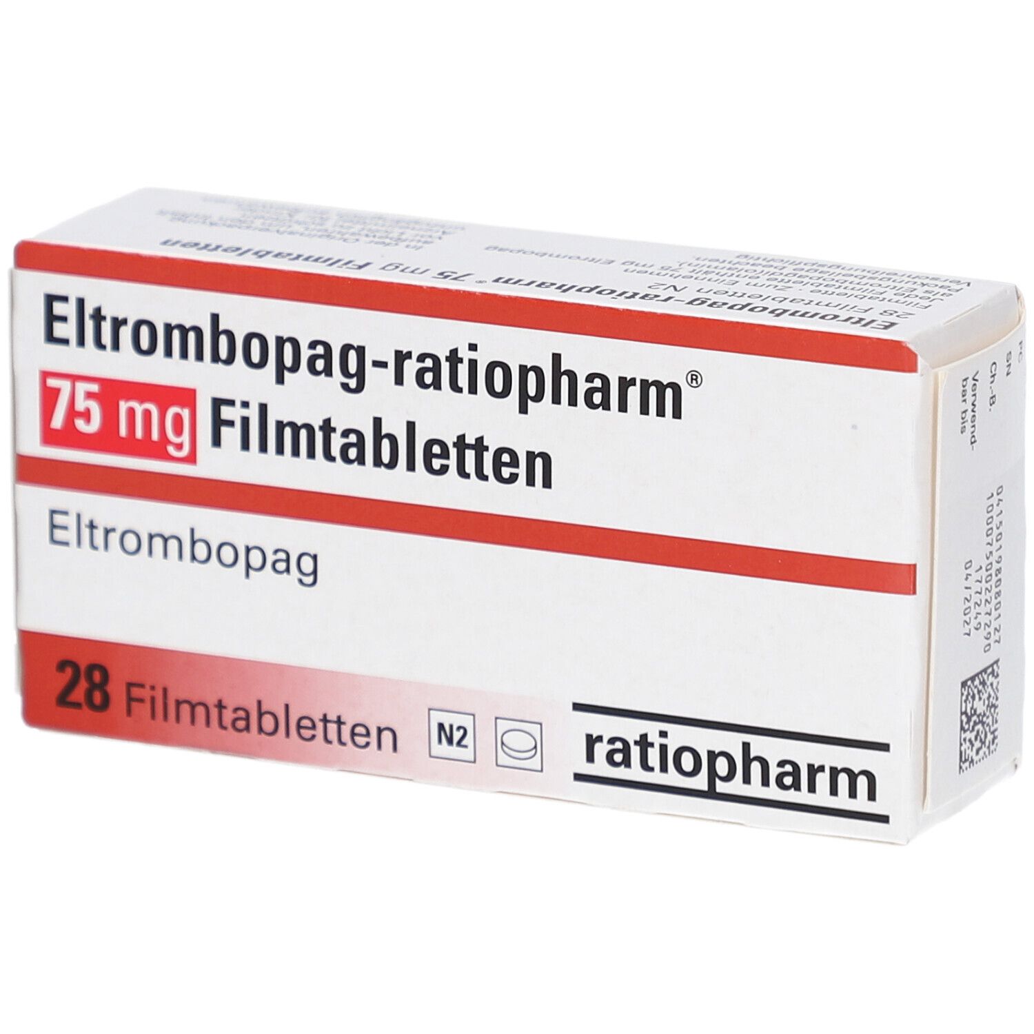 Schachtel mit roter und weißer Aufschrift. Enthält 28 Filmtabletten. Aufschrift: Eltrombopag-ratiopharm 75 mg Filmtabletten.
