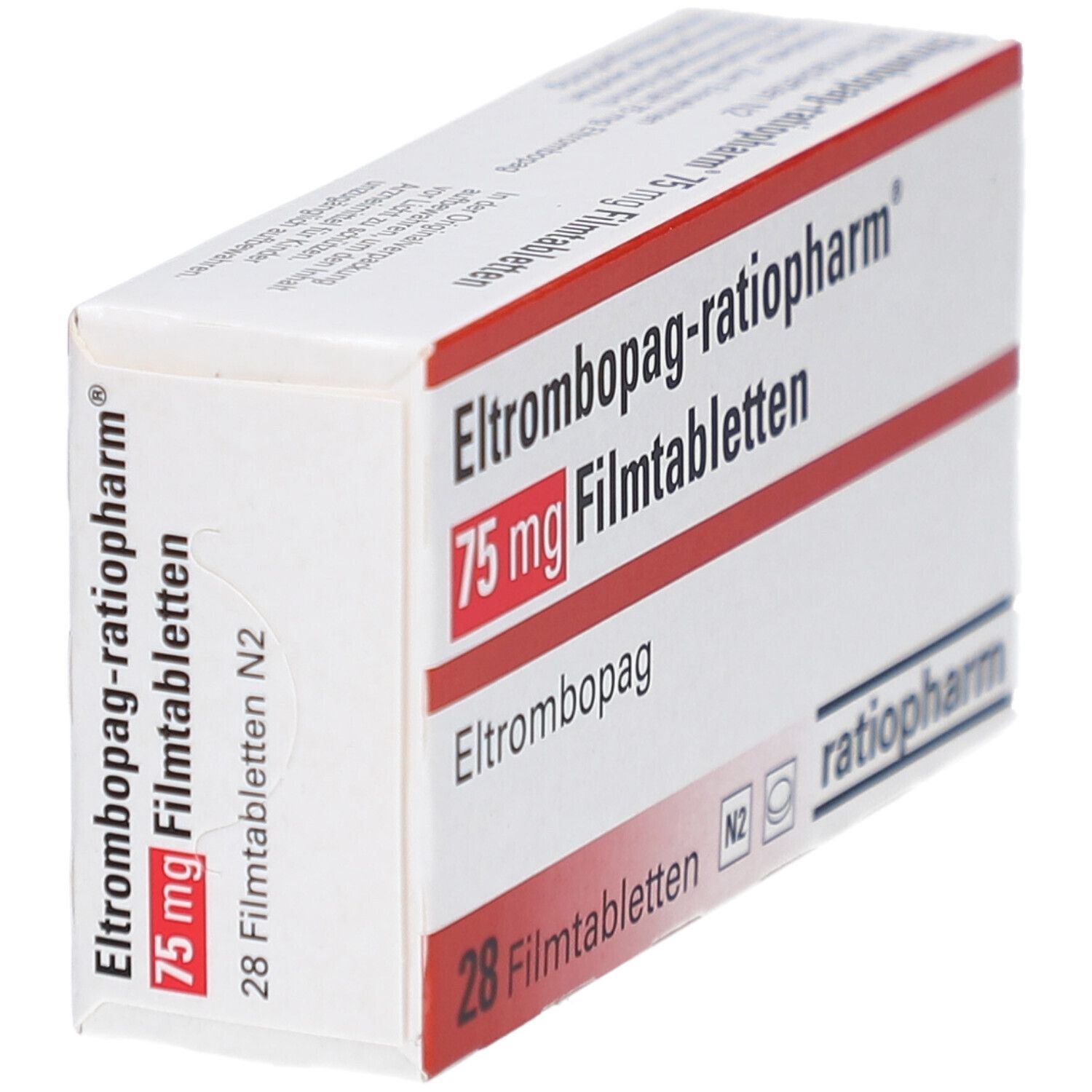 Schachtel mit roter und weißer Aufschrift. Enthält 28 Filmtabletten. Aufschrift: Eltrombopag-ratiopharm 75 mg Filmtabletten.