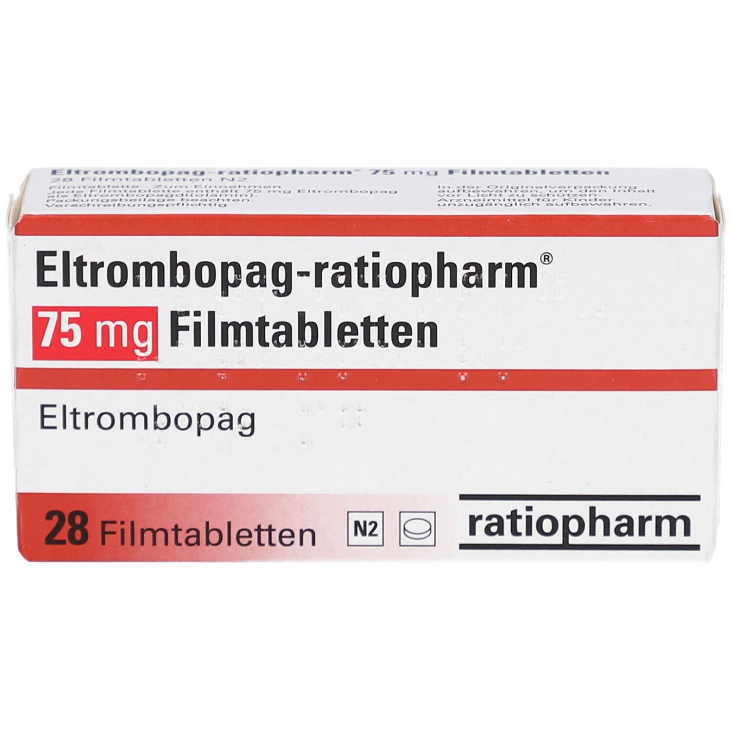Schachtel mit roter und weißer Aufschrift. Enthält 28 Filmtabletten. Aufschrift: Eltrombopag-ratiopharm 75 mg Filmtabletten.