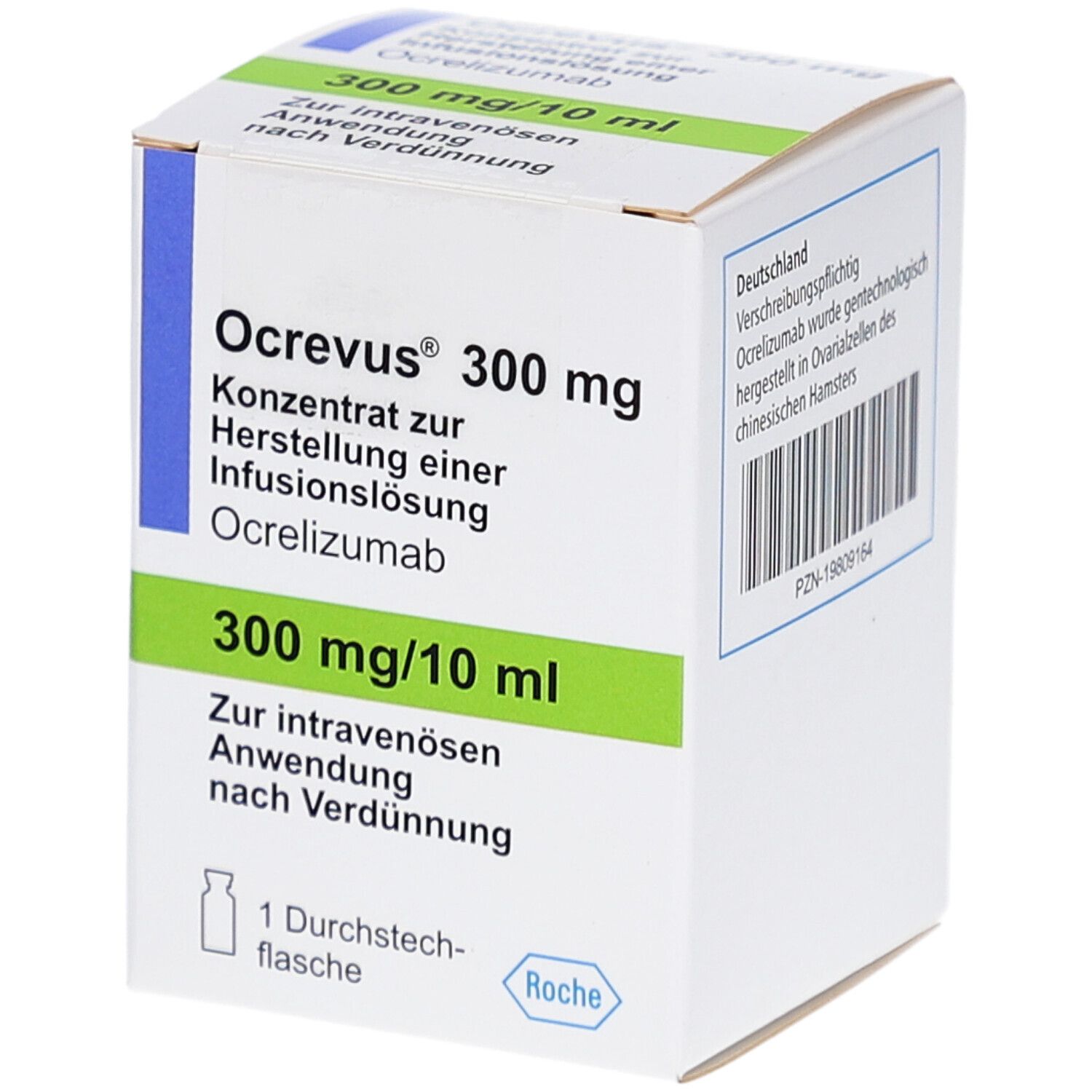 Ocrevus 300 mg, Konzentrat zur Herstellung einer Infusionslösung. Weiße Faltschachtel mit blauen und grünen Akzenten.