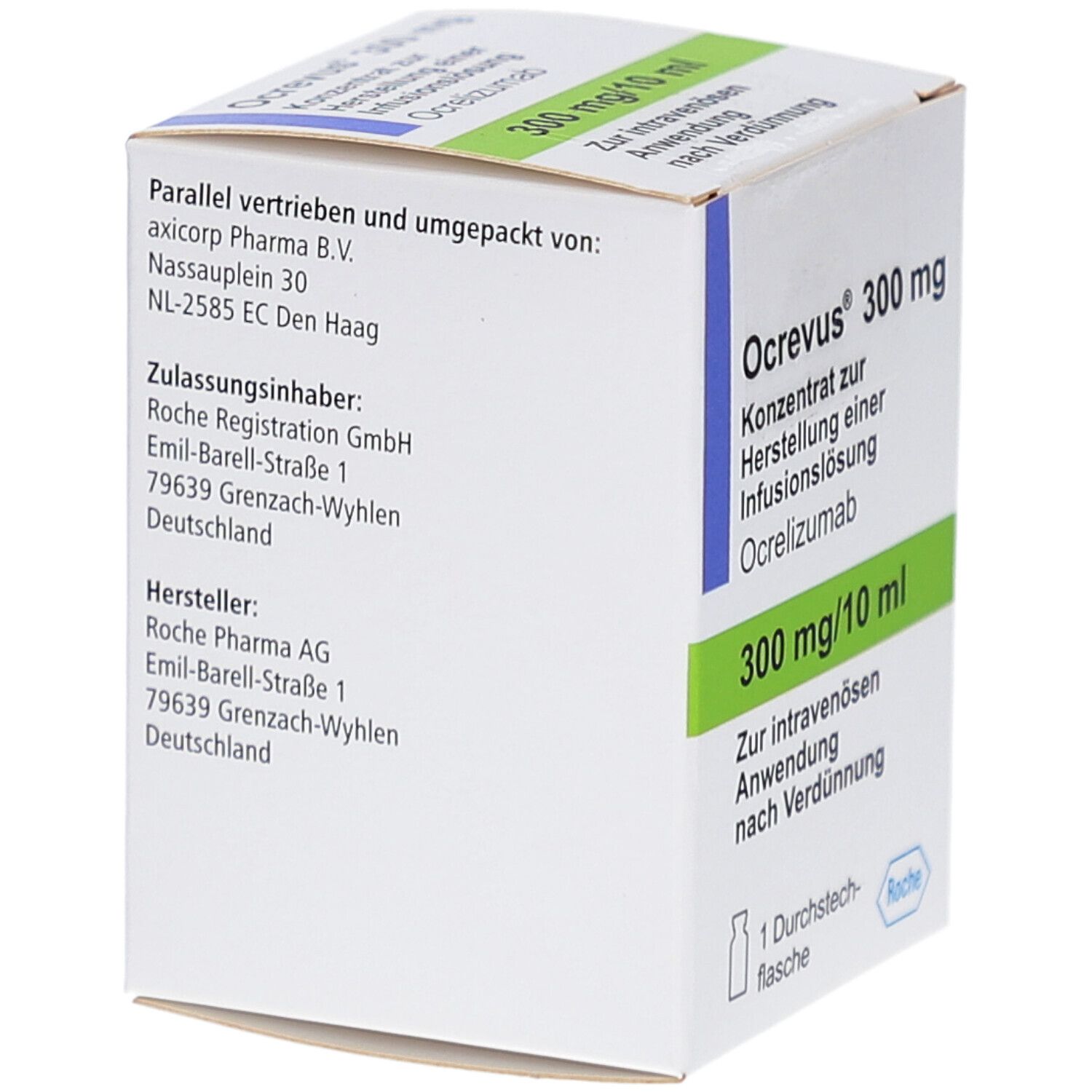 Ocrevus 300 mg, Konzentrat zur Herstellung einer Infusionslösung. Verpackung mit Text und Logo Roche.