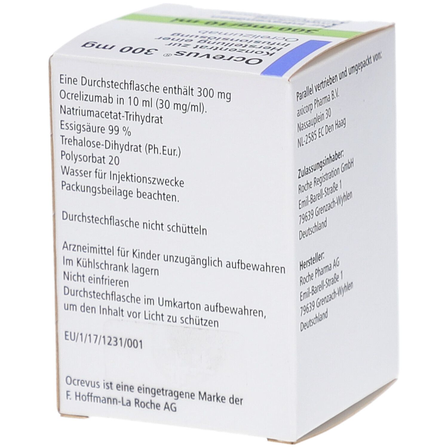 Ocrevus 300 mg, Konzentrat zur Herstellung einer Infusionslösung. Verpackung mit Inhaltsangaben und Warnhinweisen.