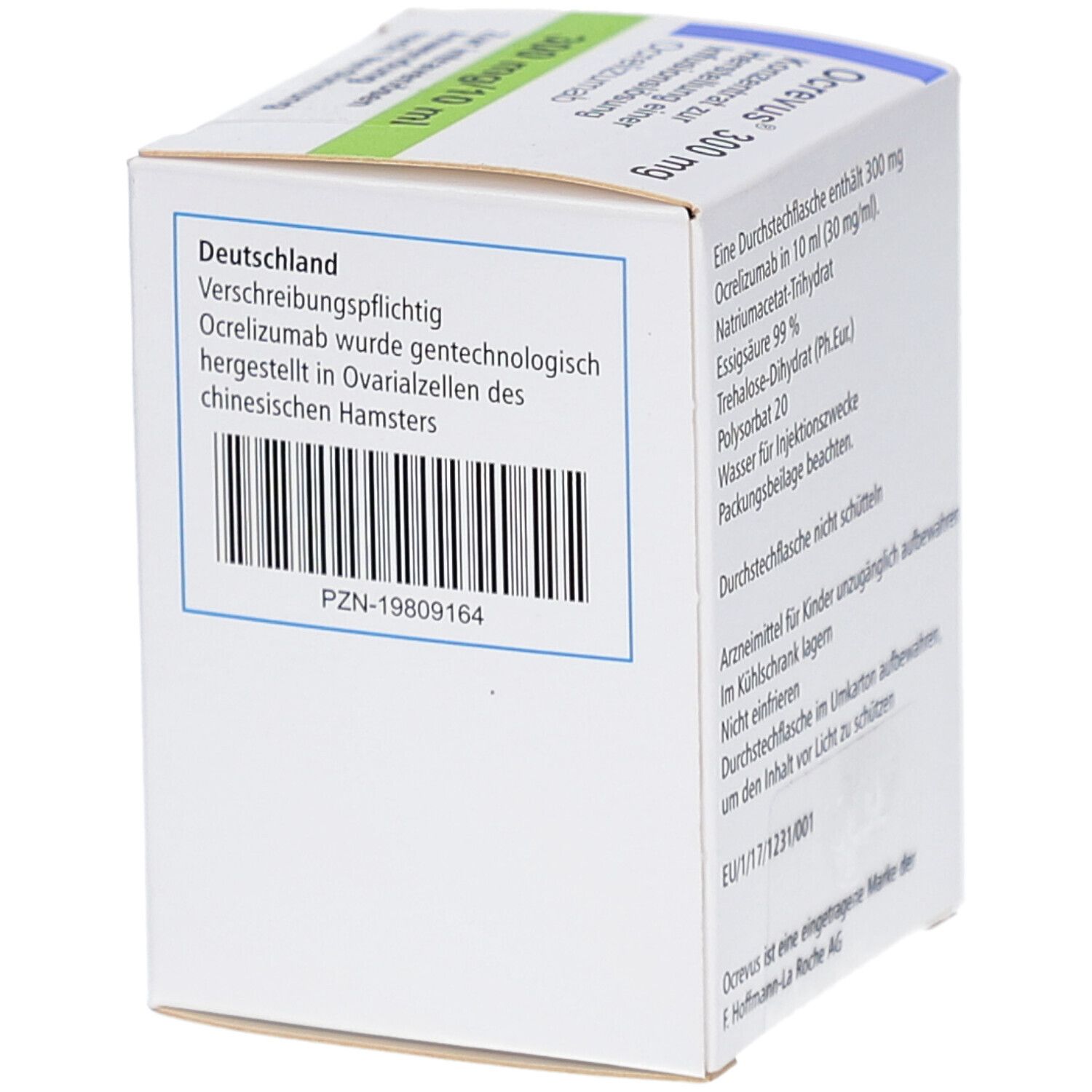 Ocrevus 300 mg, Konzentrat zur Herstellung einer Infusionslösung. Verpackung mit Barcode und Text.