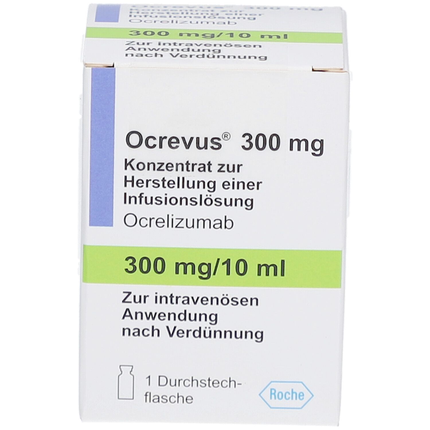 Ocrevus 300 mg, Konzentrat zur Herstellung einer Infusionslösung. Weiße Faltschachtel mit blauen Akzenten.