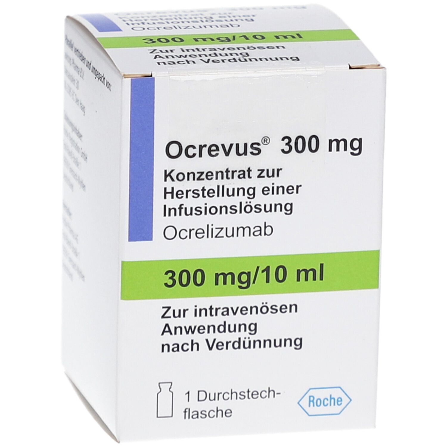 Ocrevus 300 mg, Konzentrat zur Herstellung einer Infusionslösung. Weiße Faltschachtel mit Text und Logo Roche.