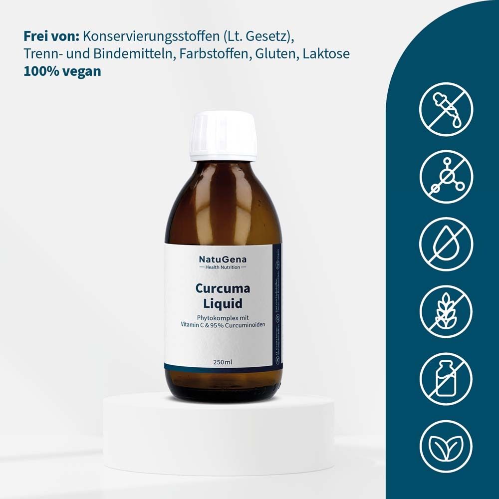 Braune Flasche mit weißem Deckel. Etikett mit Produktnamen und Logo. Vegan.