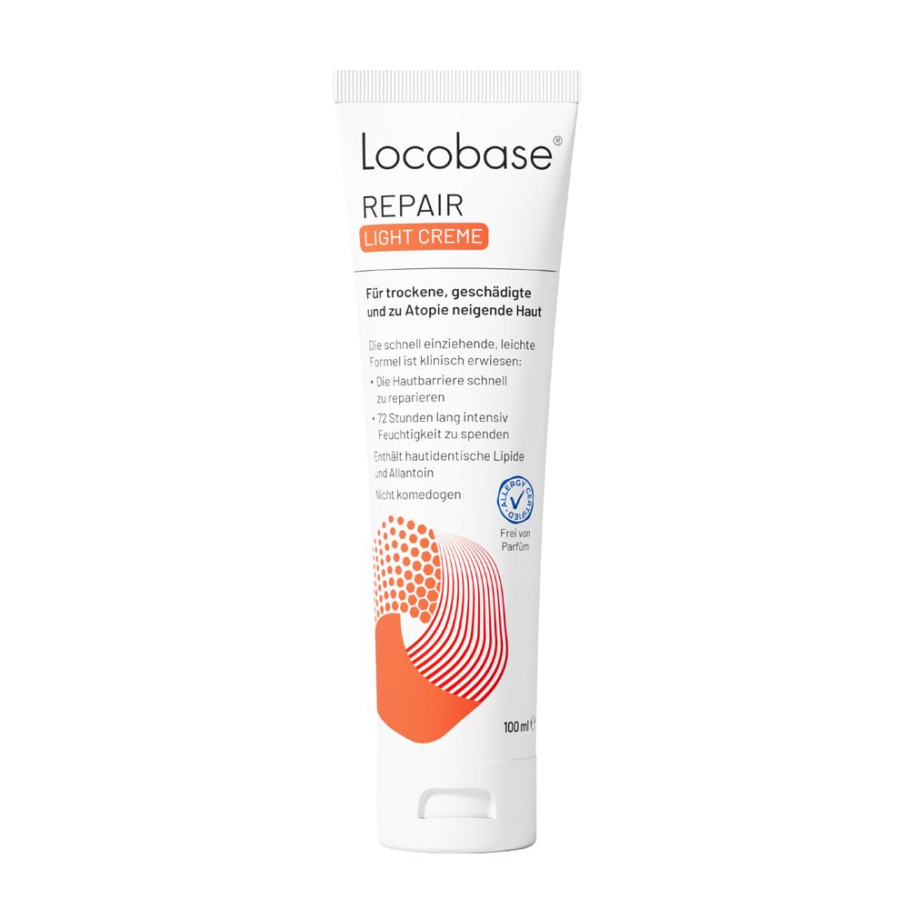 Locobase Repair Light Creme Tube mit orange-weißem Design. Enthält 100ml.