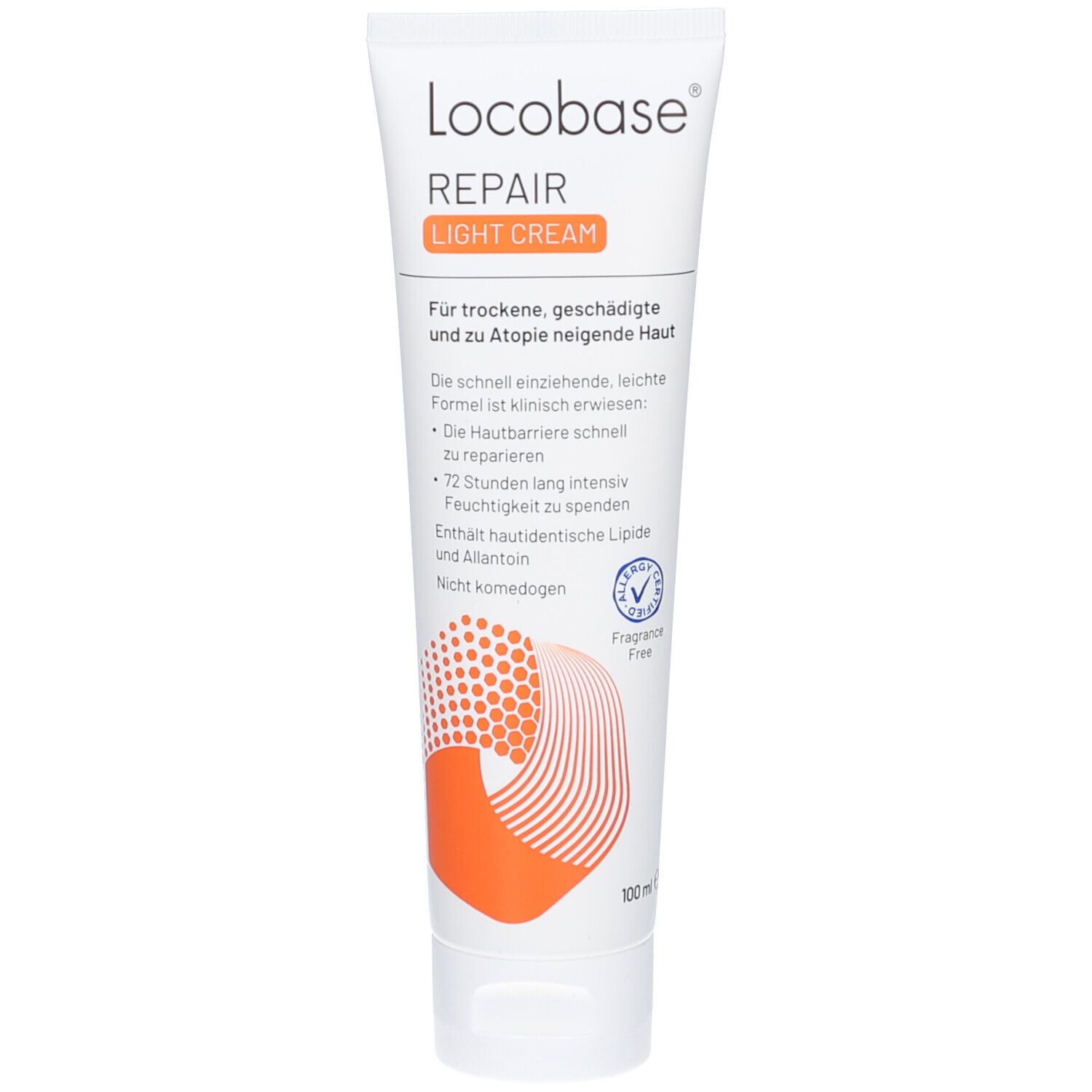 Weiße Tube mit orangefarbenem Akzent. Aufschrift: Locobase Repair Light Creme. Enthält Informationen für trockene, zu Atopie neigende Haut.