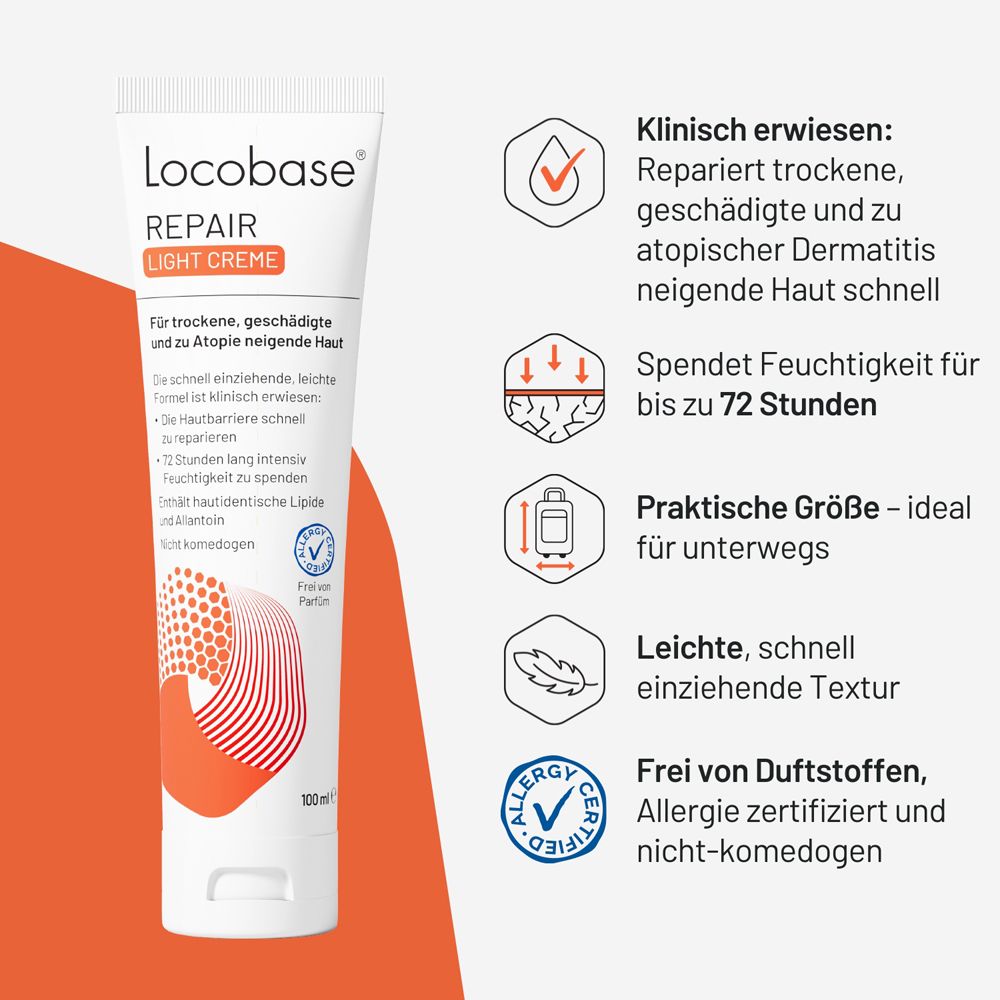 Locobase Repair Light Creme Tube mit Icons: klinisch erwiesen, 72h Feuchtigkeit, Reisegröße, schnell einziehend, duftstofffrei.