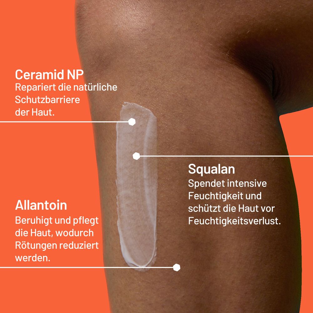 Hautpartie mit aufgetragener Locobase Repair Light Creme. Inhaltsstoffe: Ceramid NP, Squalane, Allantoin.