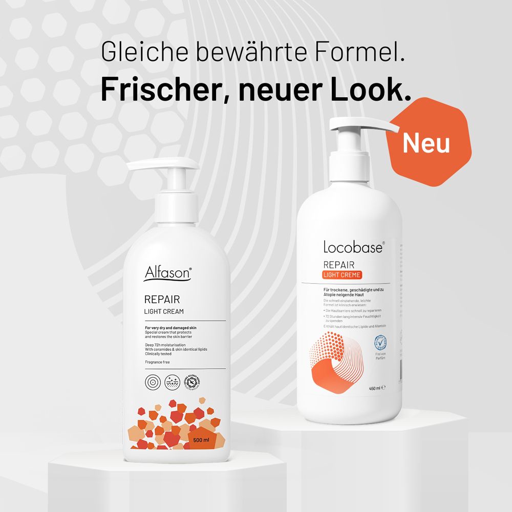 Vergleich von Locobase Repair Light Cream (neu) mit Alfasun Repair Light Cream. Beide Spenderflaschen.