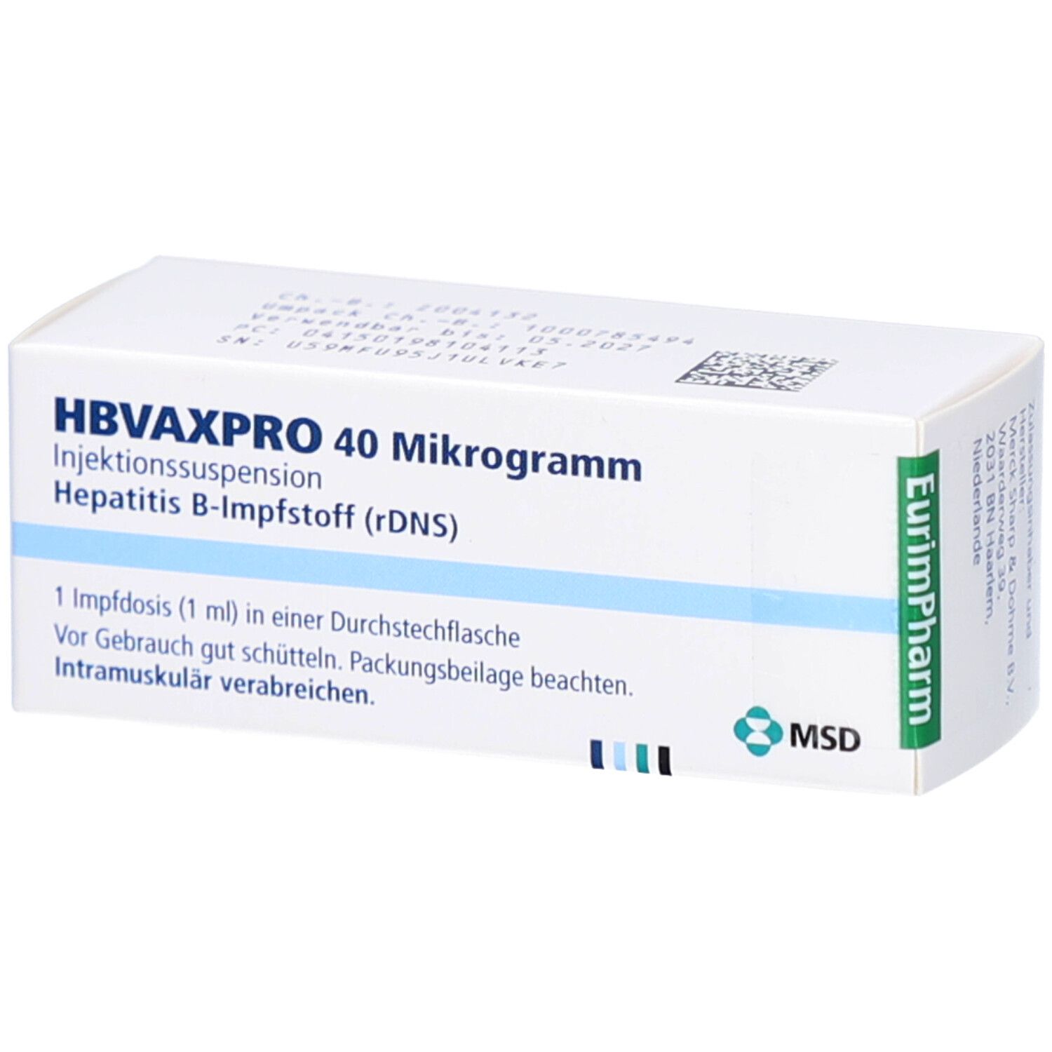 Schachtel mit HBVAXPRO 40 Mikrogramm. Text: Injektionssuspension, Hepatitis B-Impfstoff (rDNS). MSD-Logo.
