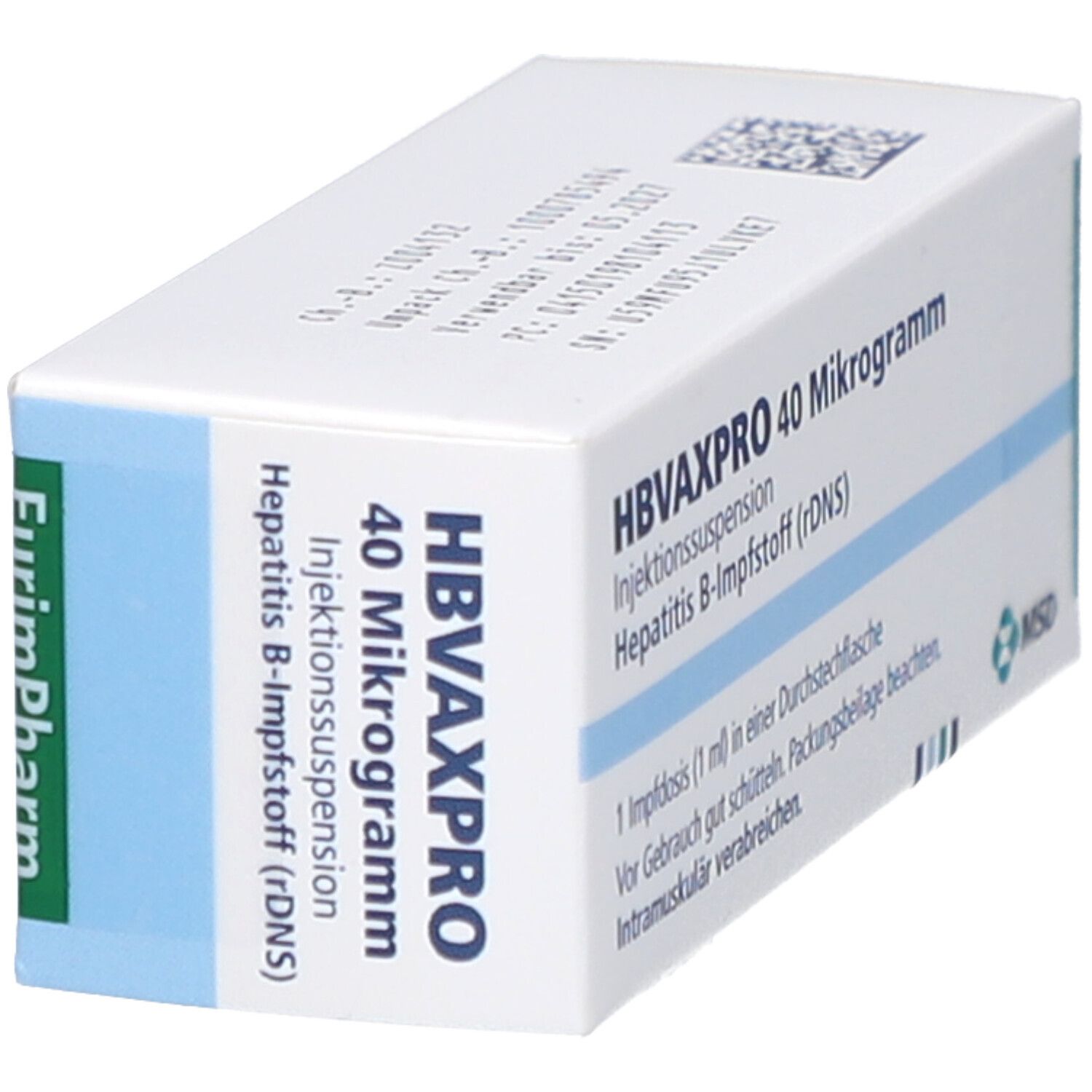 Schachtel HBVAXPRO 40 Mikrogramm. Text: Injektionssuspension, Hepatitis B-Impfstoff (rDNS). Eckansicht.
