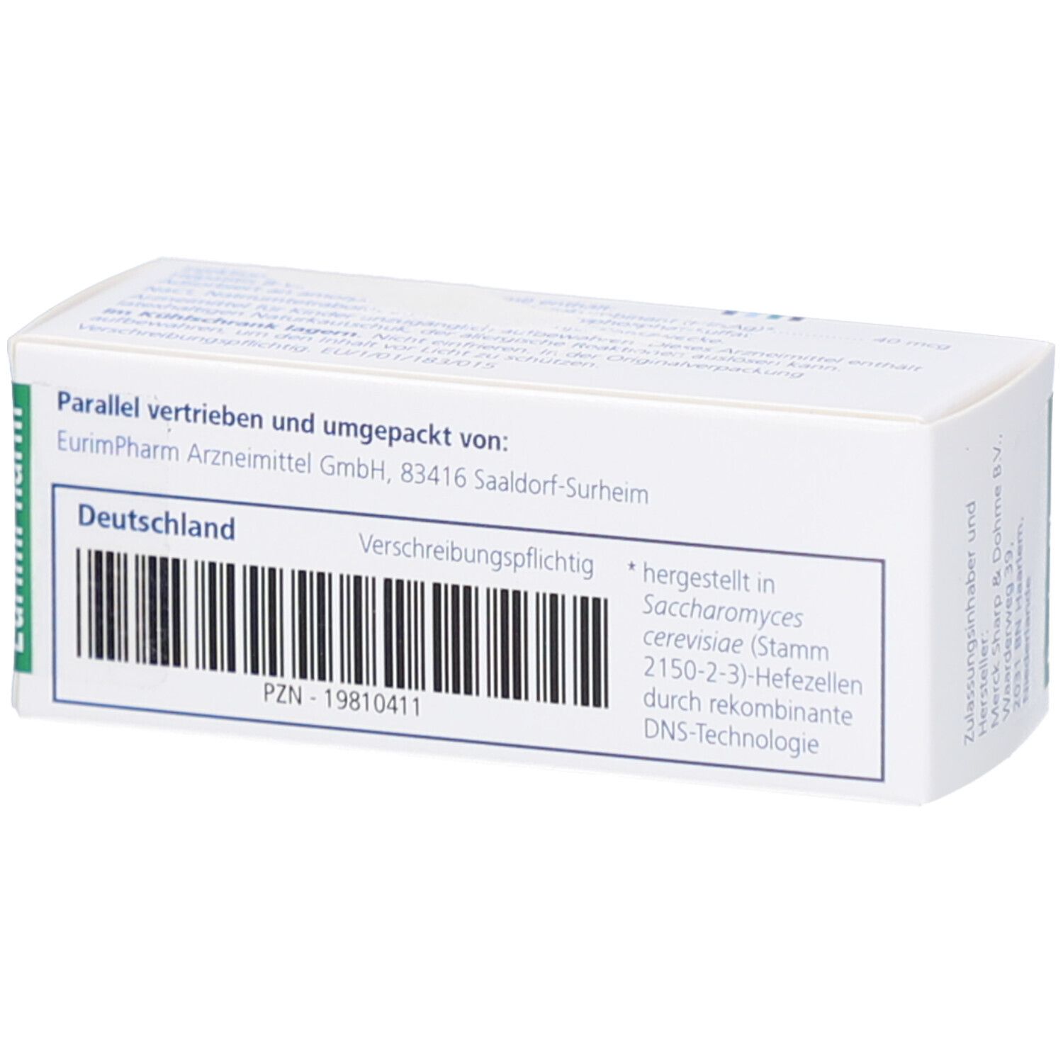 Rückseite der Schachtel. Text: Vertrieb durch EurimPharm. PZN-19810411. Hergestellt in Saccharomyces cerevisiae.