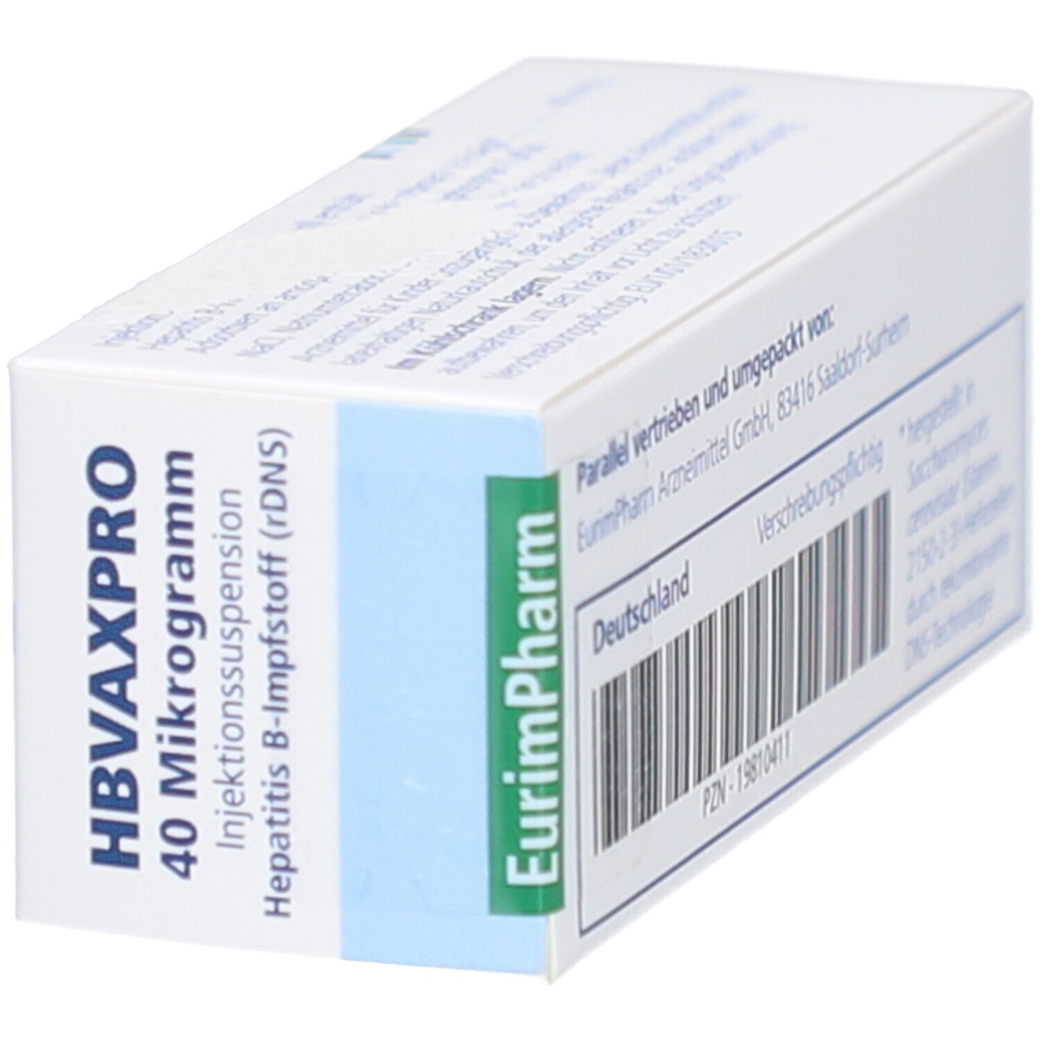 Schachtel HBVAXPRO 40 Mikrogramm. Text: Injektionssuspension, Hepatitis B-Impfstoff (rDNS). Eckansicht.