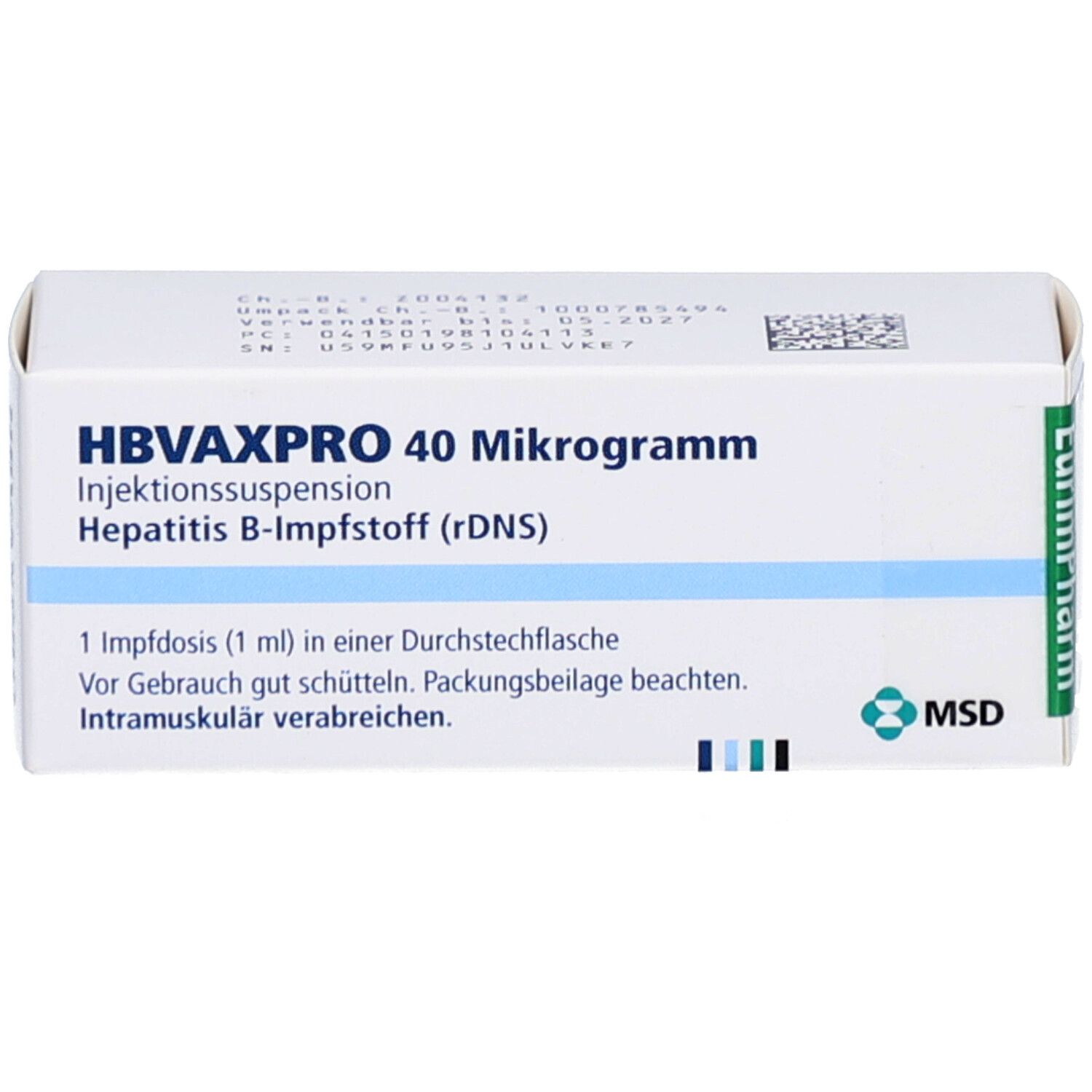 Schachtel mit HBVAXPRO 40 Mikrogramm. Text: Injektionssuspension, Hepatitis B-Impfstoff (rDNS). MSD-Logo.