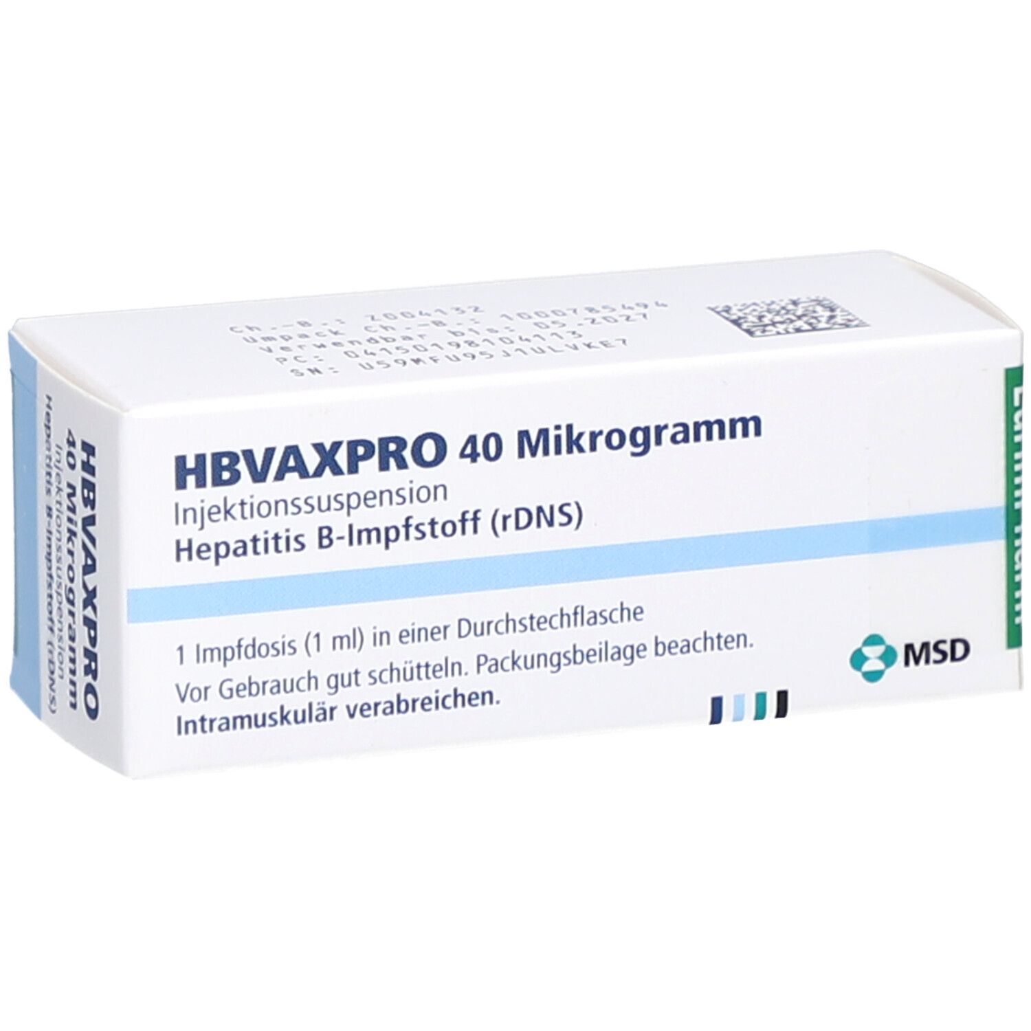 Schachtel mit HBVAXPRO 40 Mikrogramm. Text: Injektionssuspension, Hepatitis B-Impfstoff (rDNS). MSD-Logo.