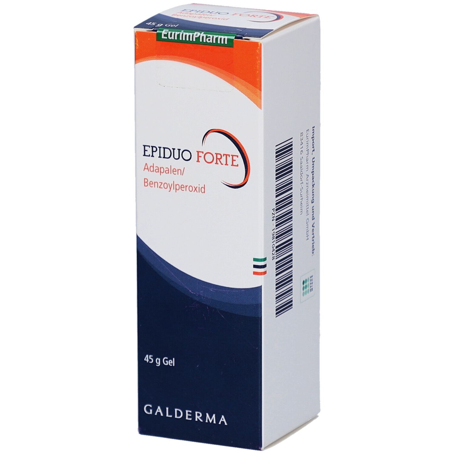 Schachtel mit EPIDUO FORTE Gel. Enthält Adapalen und Benzoylperoxid. 45 g Gel. Galderma-Logo. EurimPharm-Logo.