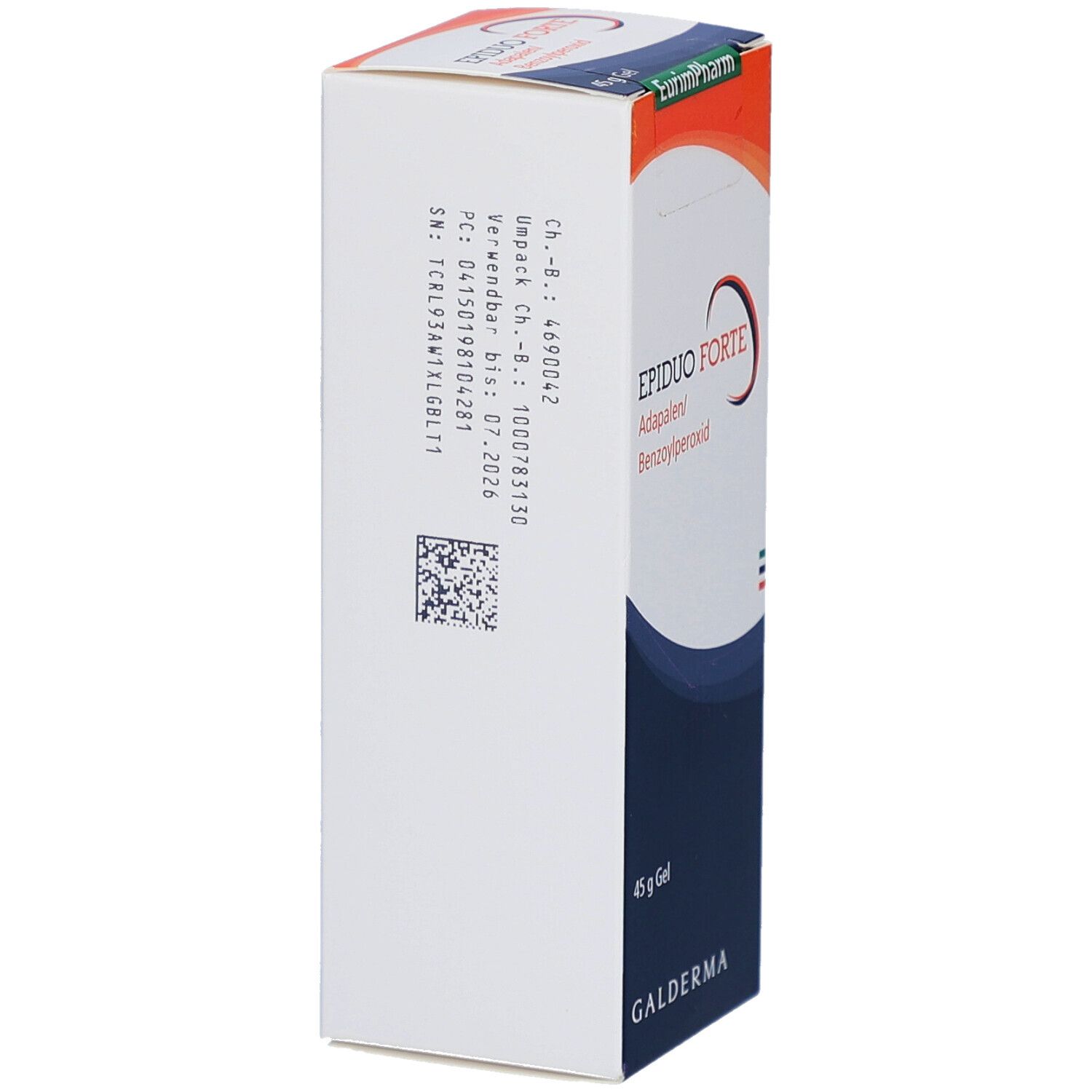 Rückseite der EPIDUO FORTE Gel-Schachtel. Enthält Informationen zu Chargennummer, Verfallsdatum und Hersteller.