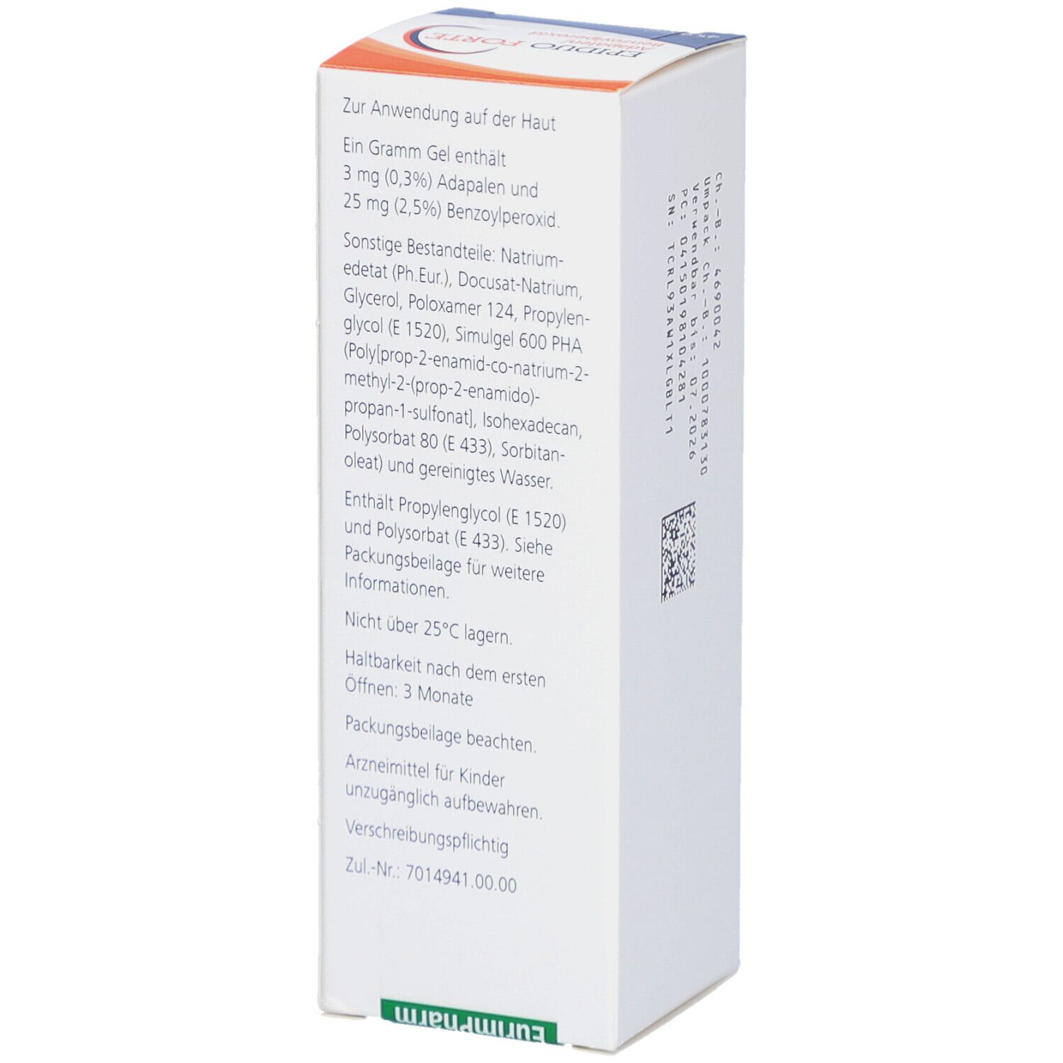 Seite der EPIDUO FORTE Gel-Schachtel. Enthält Informationen zur Anwendung, Inhaltsstoffe und Warnhinweise.