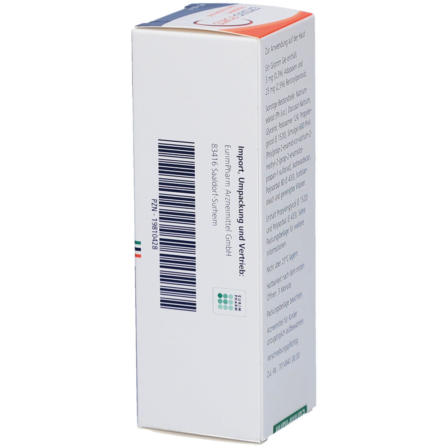 Seite der EPIDUO FORTE Gel-Schachtel. Enthält Informationen zum Importeur und Hersteller.