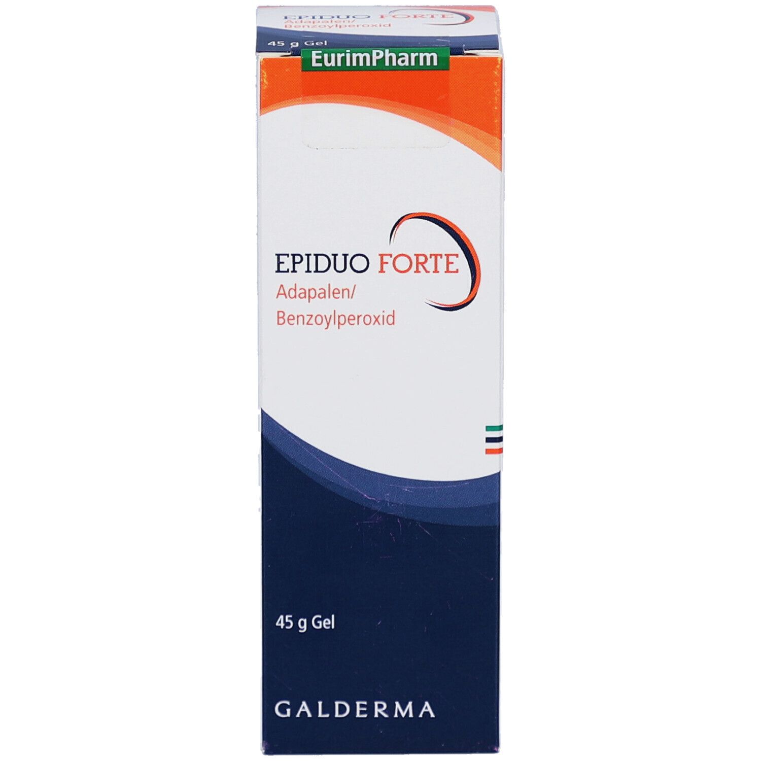 Vorderansicht der EPIDUO FORTE Gel-Schachtel. Enthält Adapalen und Benzoylperoxid. 45 g Gel. Galderma-Logo. EurimPharm-Logo.