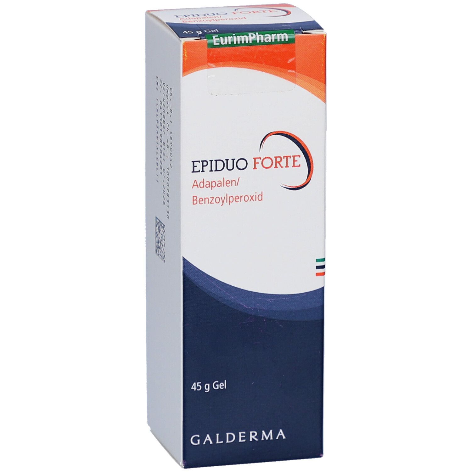 Vorderansicht der EPIDUO FORTE Gel-Schachtel. Enthält Adapalen und Benzoylperoxid. 45 g Gel. Galderma-Logo. EurimPharm-Logo.