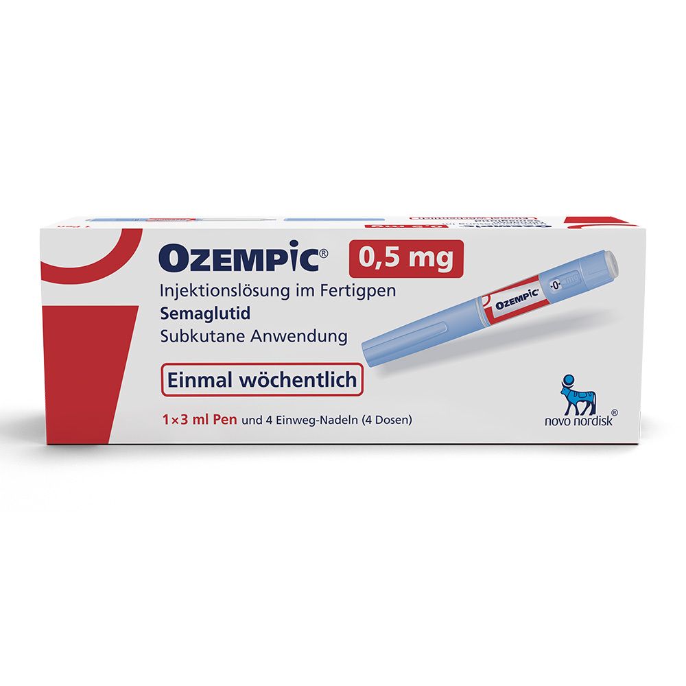 Schachtel mit Fertigpen. Aufschrift: Ozempic 0,5 mg, Injektionslösung, Semaglutid, subkutane Anwendung. Enthält 1 Pen und 4 Nadeln.