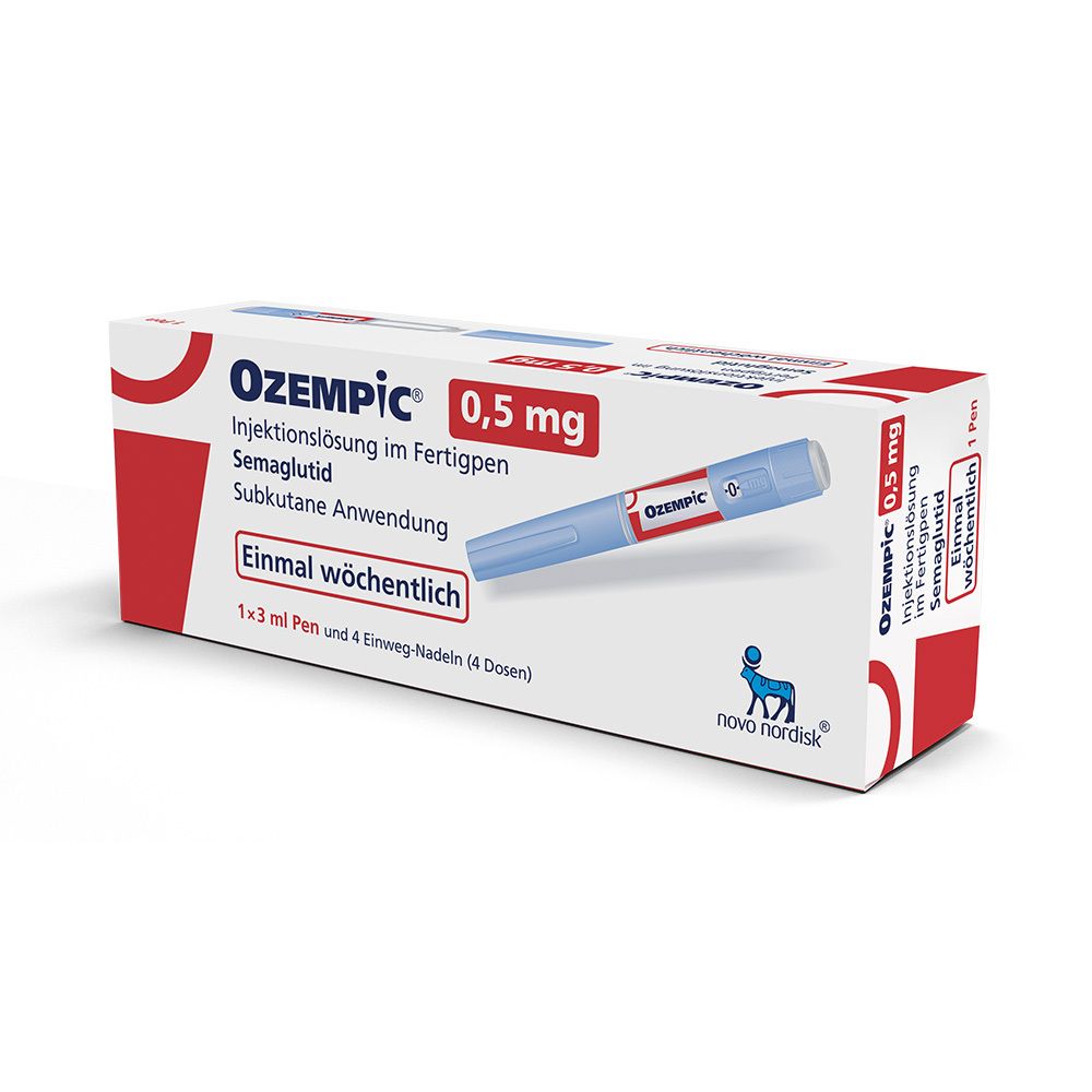 Schachtel mit Fertigpen. Aufschrift: Ozempic 0,5 mg, Injektionslösung, Semaglutid, subkutane Anwendung. Enthält 1 Pen und 4 Nadeln.