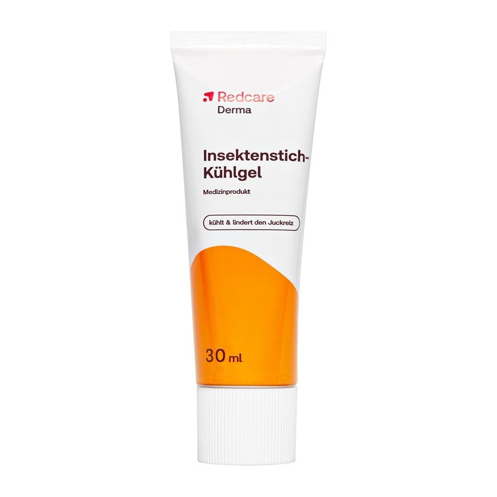 Tube Redcare Derma Insektenstich-Kühlgel, 30ml, mit weißem Verschluss und orangefarbenem Akzent.