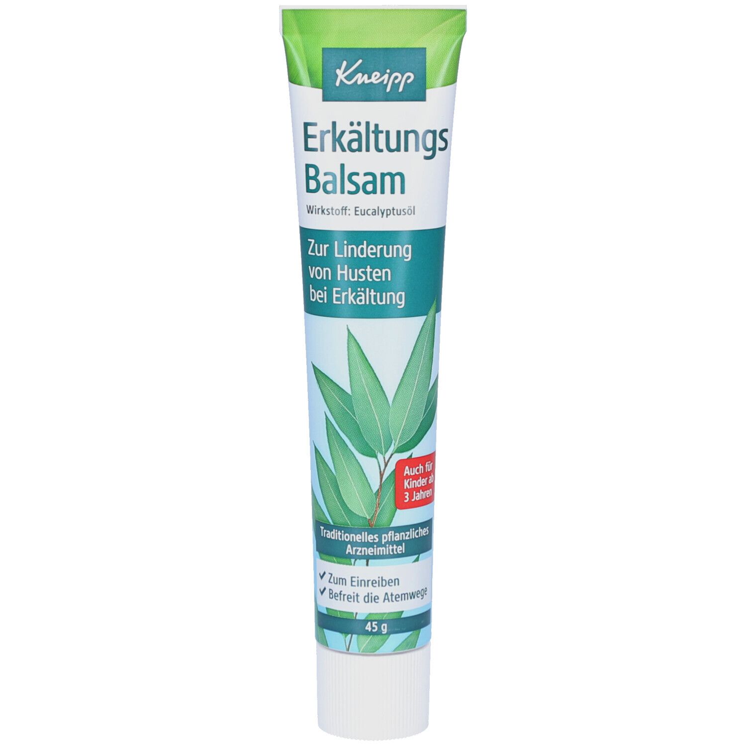 Kneipp Erkältungs Balsam Tube. Grün-weiß, mit Produktnamen und Eukalyptus-Illustration. Enthält 45g.
