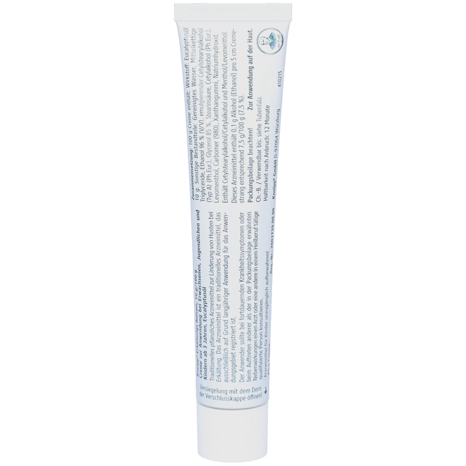 Rückseite der Kneipp Erkältungs Balsam Tube. Enthält Produktinformationen und Inhaltsstoffe. Weißer Hintergrund.