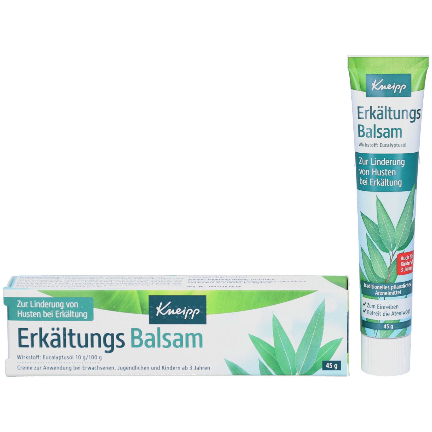 Kneipp Erkältungs Balsam Tube und Schachtel. Beide zeigen Produktnamen, Eukalyptus-Illustration und 45g.