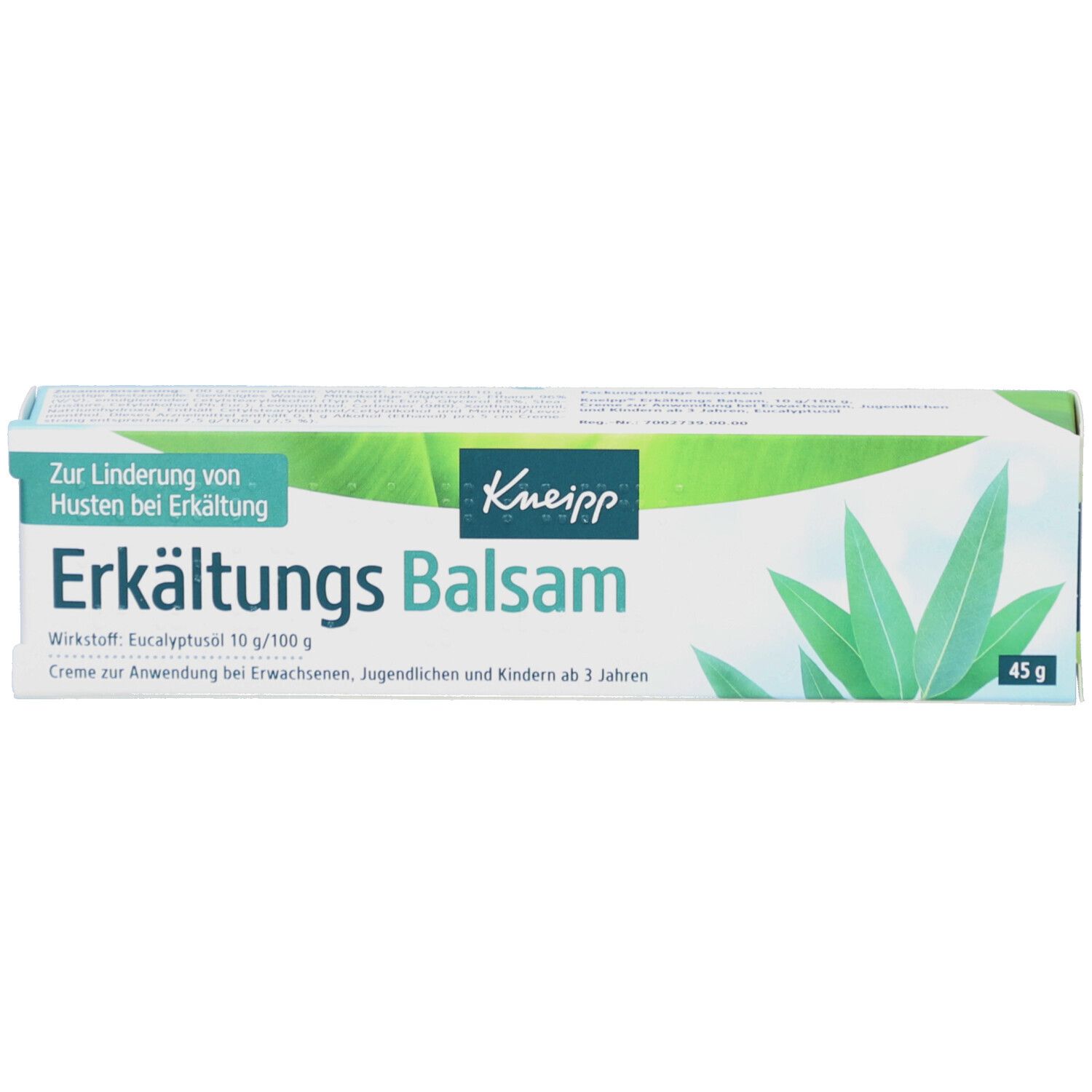 Kneipp Erkältungs Balsam Schachtel. Grün-weiß, mit Produktnamen, Eukalyptus-Illustration und 45g.