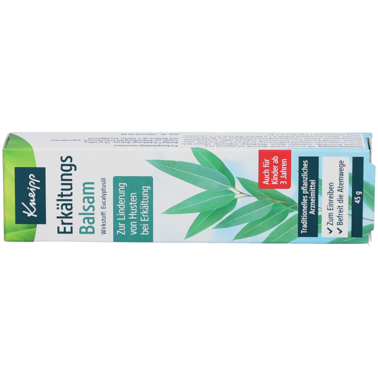Kneipp Erkältungs Balsam Schachtel. Vorderseite mit Produktnamen, Eukalyptus-Illustration und 45g.