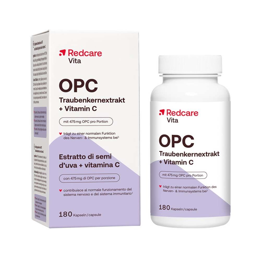 Weiße Flasche mit Kapseln und Karton. Aufschrift: Redcare Vita OPC Traubenkernextrakt + Vitamin C. 180 Kapseln.