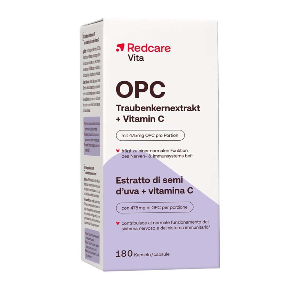 Karton mit Aufschrift: Redcare Vita OPC Traubenkernextrakt + Vitamin C. 180 Kapseln. Inhaltsstoffe und Anwendungshinweise.
