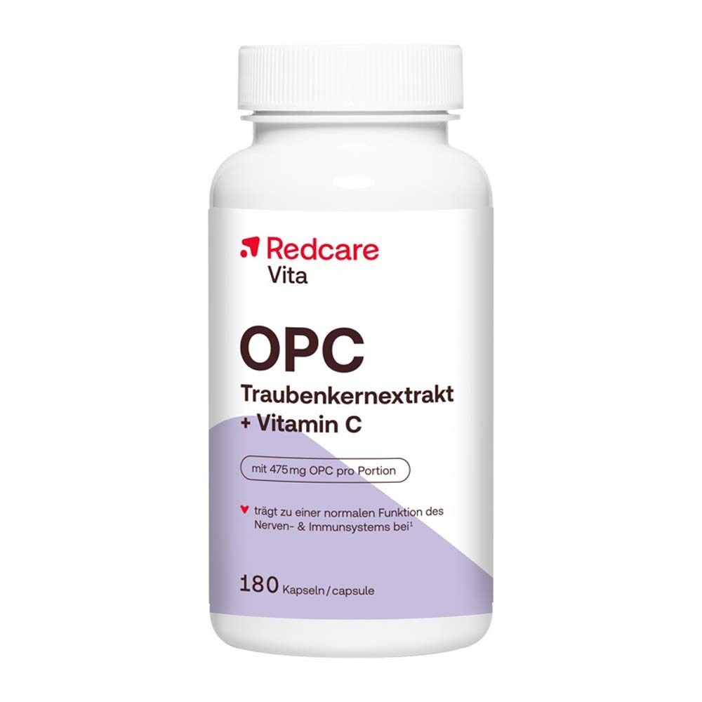 Weiße Flasche mit Kapseln. Aufschrift: Redcare Vita OPC Traubenkernextrakt + Vitamin C. 180 Kapseln.