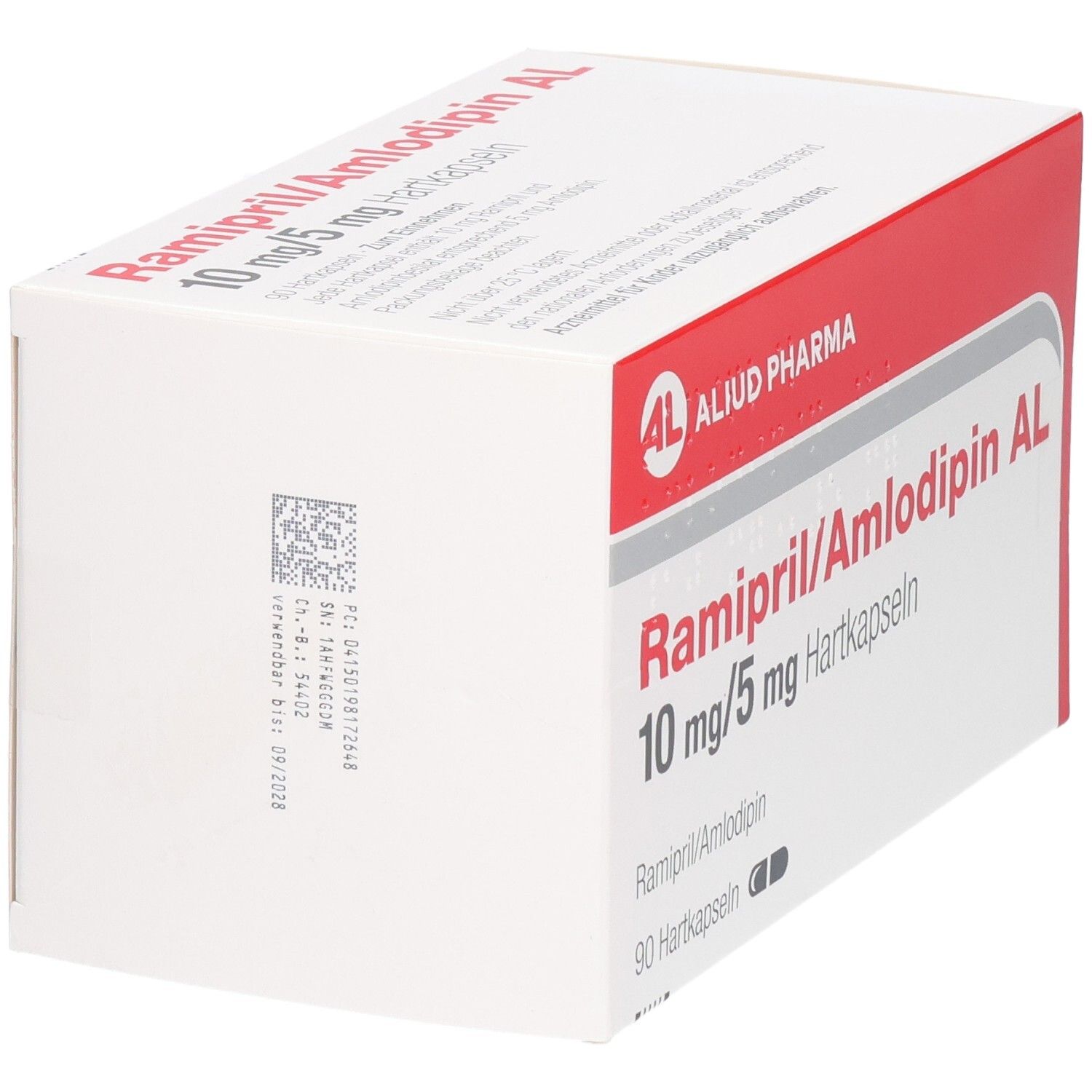 Seitenansicht der Packung RAMIPRIL/Amlodipin AL 10 mg/5 mg Hartkapseln mit Barcode.