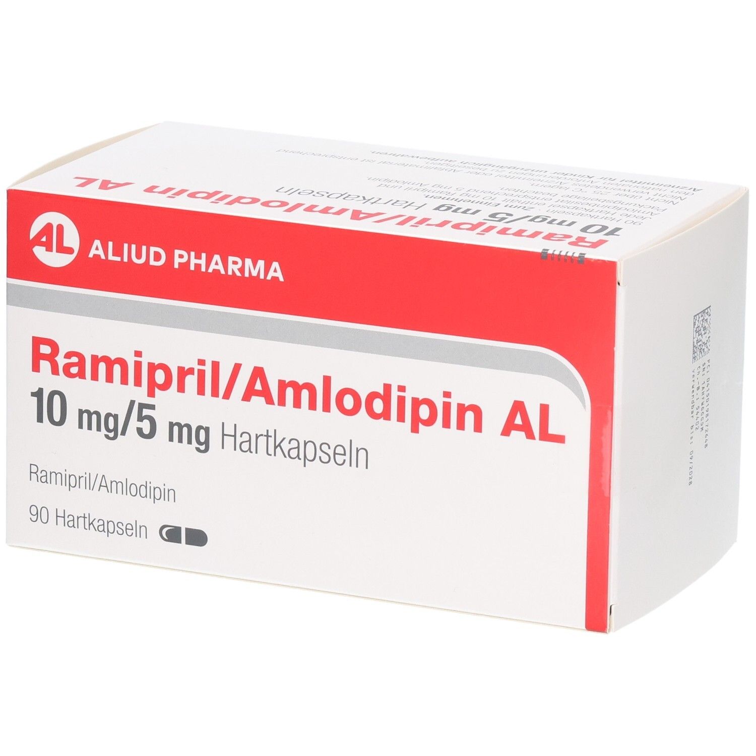 Packung RAMIPRIL/Amlodipin AL 10 mg/5 mg Hartkapseln, 90 Stück, von vorne links.