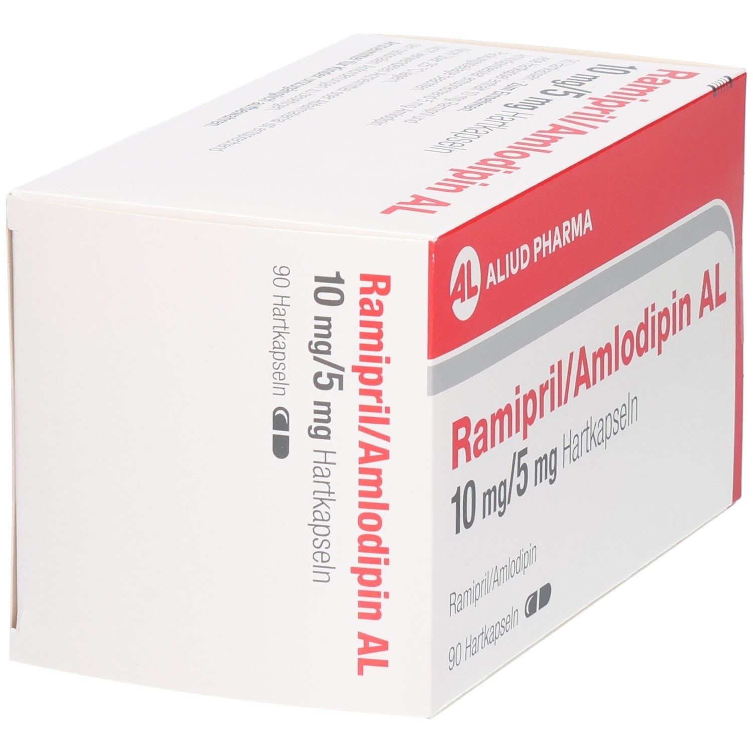 Packung RAMIPRIL/Amlodipin AL 10 mg/5 mg Hartkapseln, 90 Stück, von der Seite.