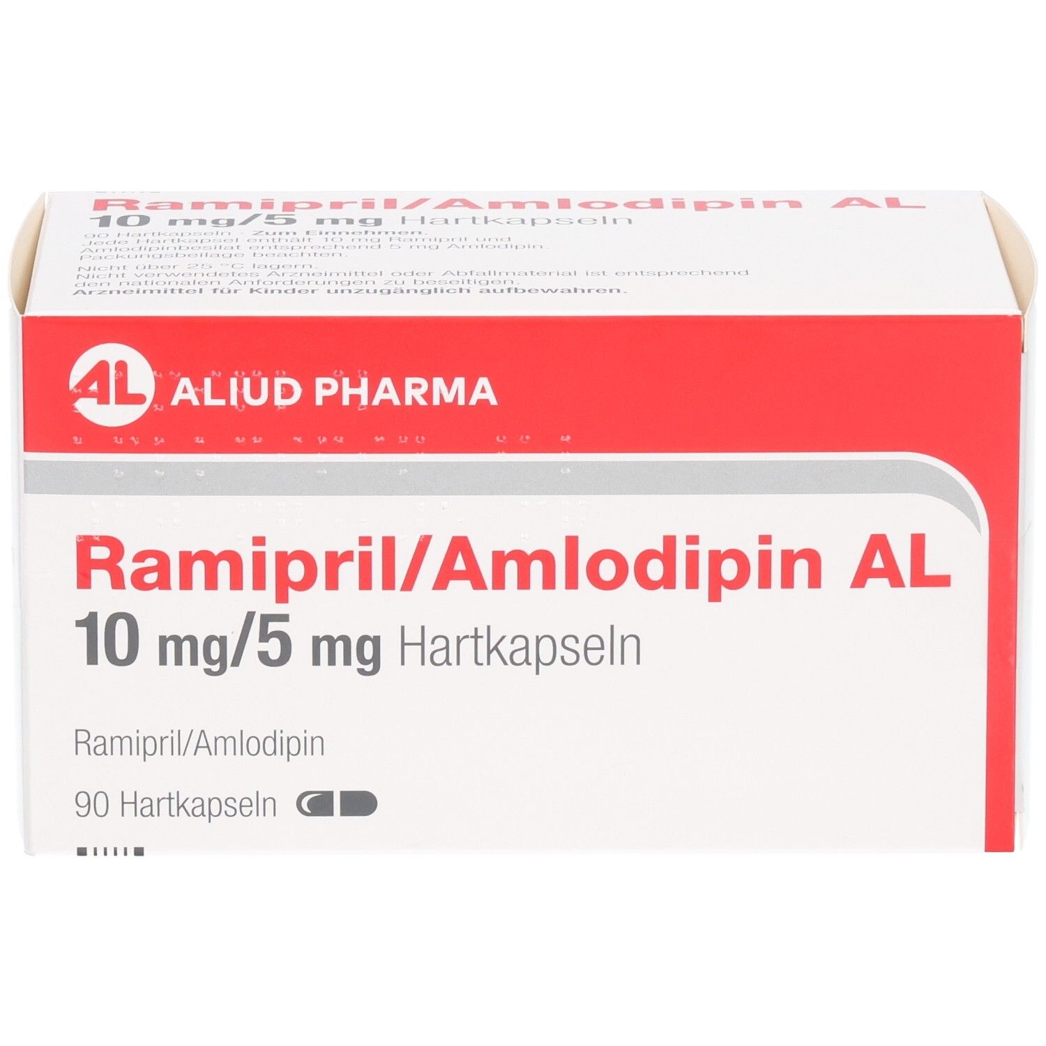 Packung RAMIPRIL/Amlodipin AL 10 mg/5 mg Hartkapseln, 90 Stück, mit rotem Streifen.