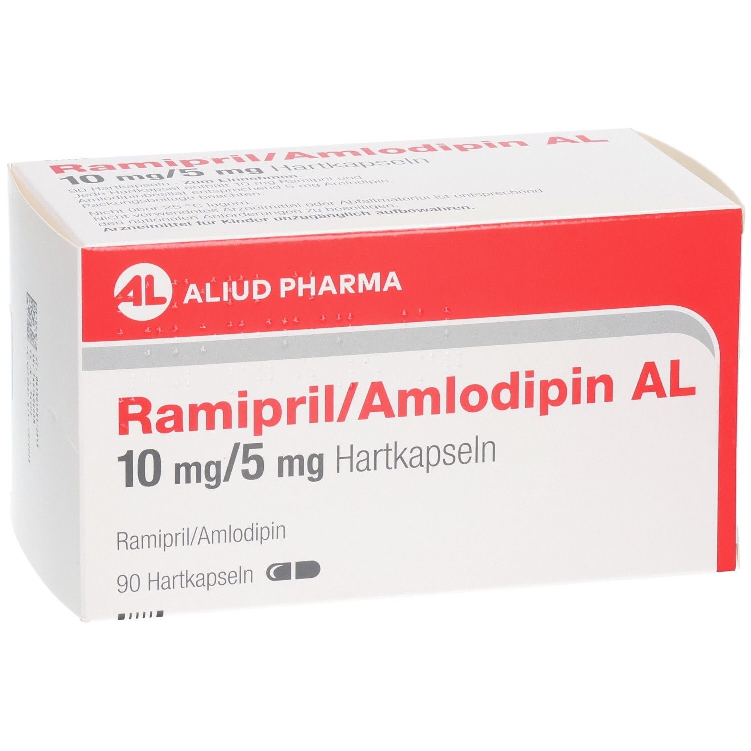 Packung RAMIPRIL/Amlodipin AL 10 mg/5 mg Hartkapseln, 90 Stück, mit Logo.