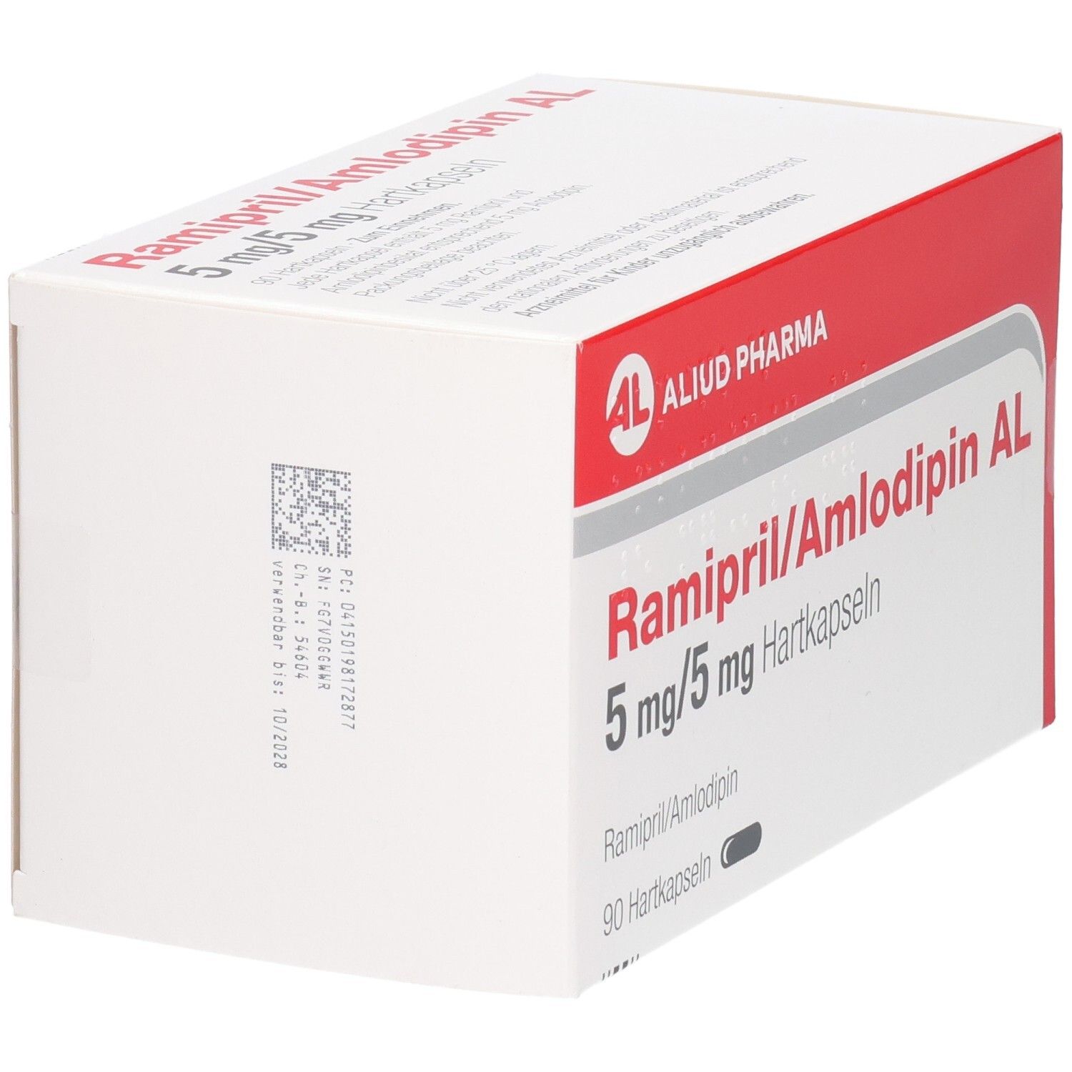 RAMIPRIL/Amlodipin AL 5 mg/5 mg Hartkapseln, 90 Stück. Rückseite mit Barcode.