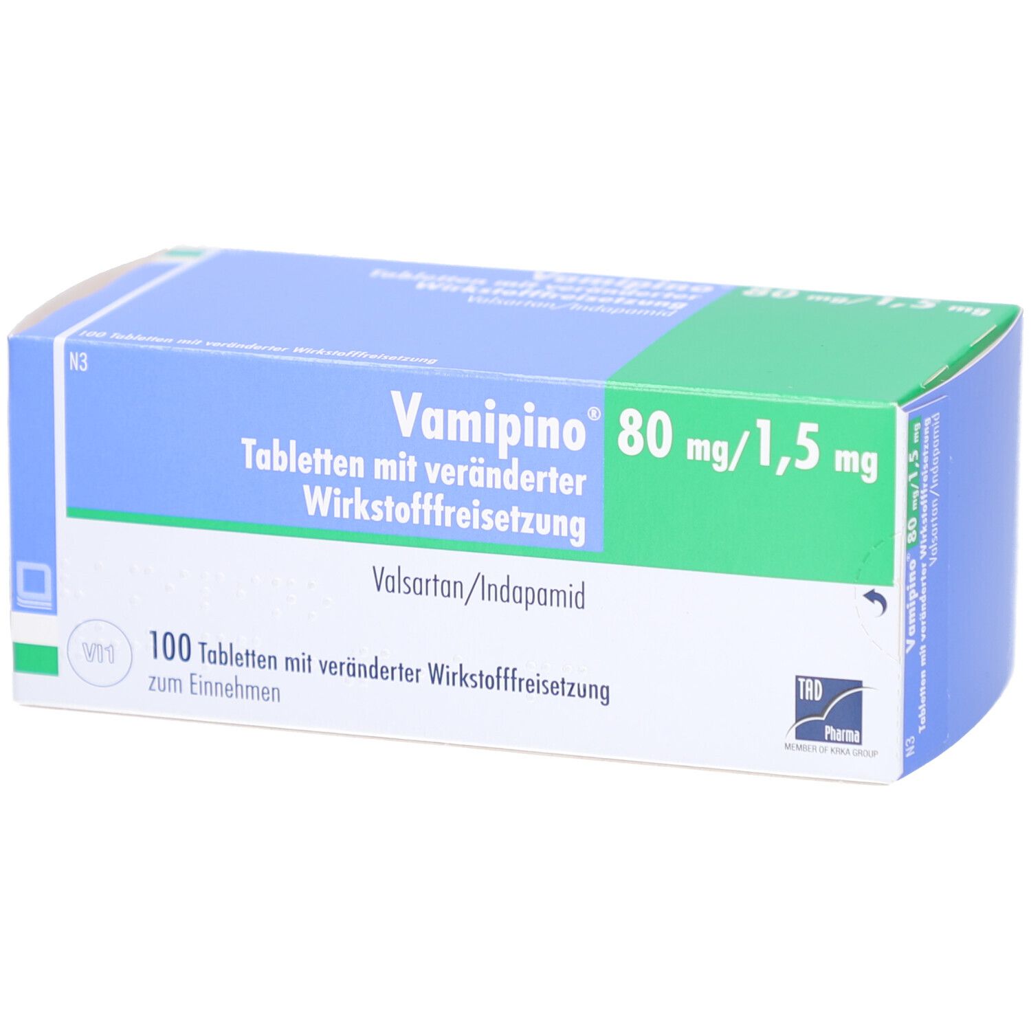 Blisterpackung Vamipino 80 mg/1,5 mg. Blaue und grüne Schachtel mit Produktinformationen. Enthält 100 Tabletten.