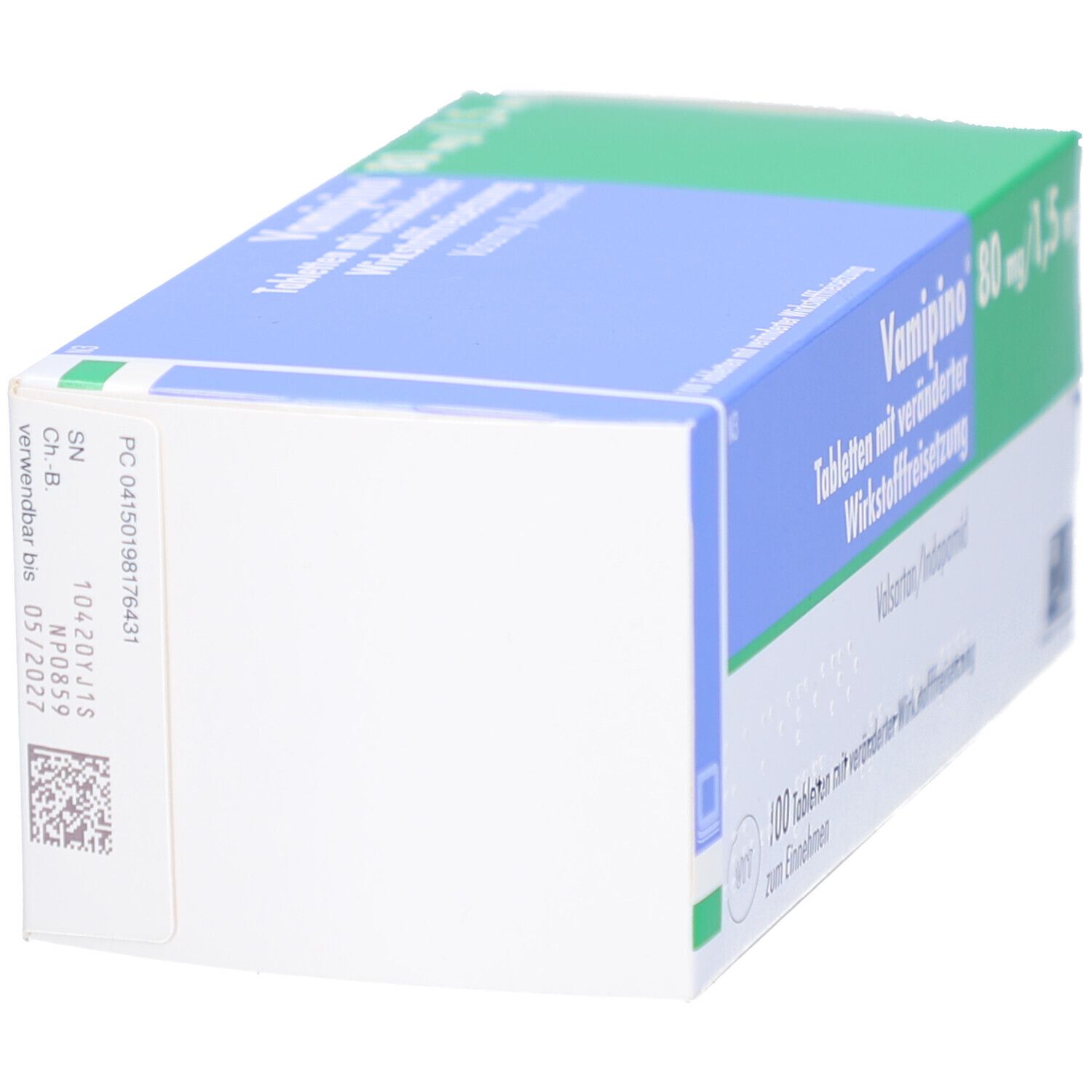 Rückseite der Vamipino-Verpackung. Weiße Schachtel mit Informationen und QR-Code. Enthält Chargeninformationen.