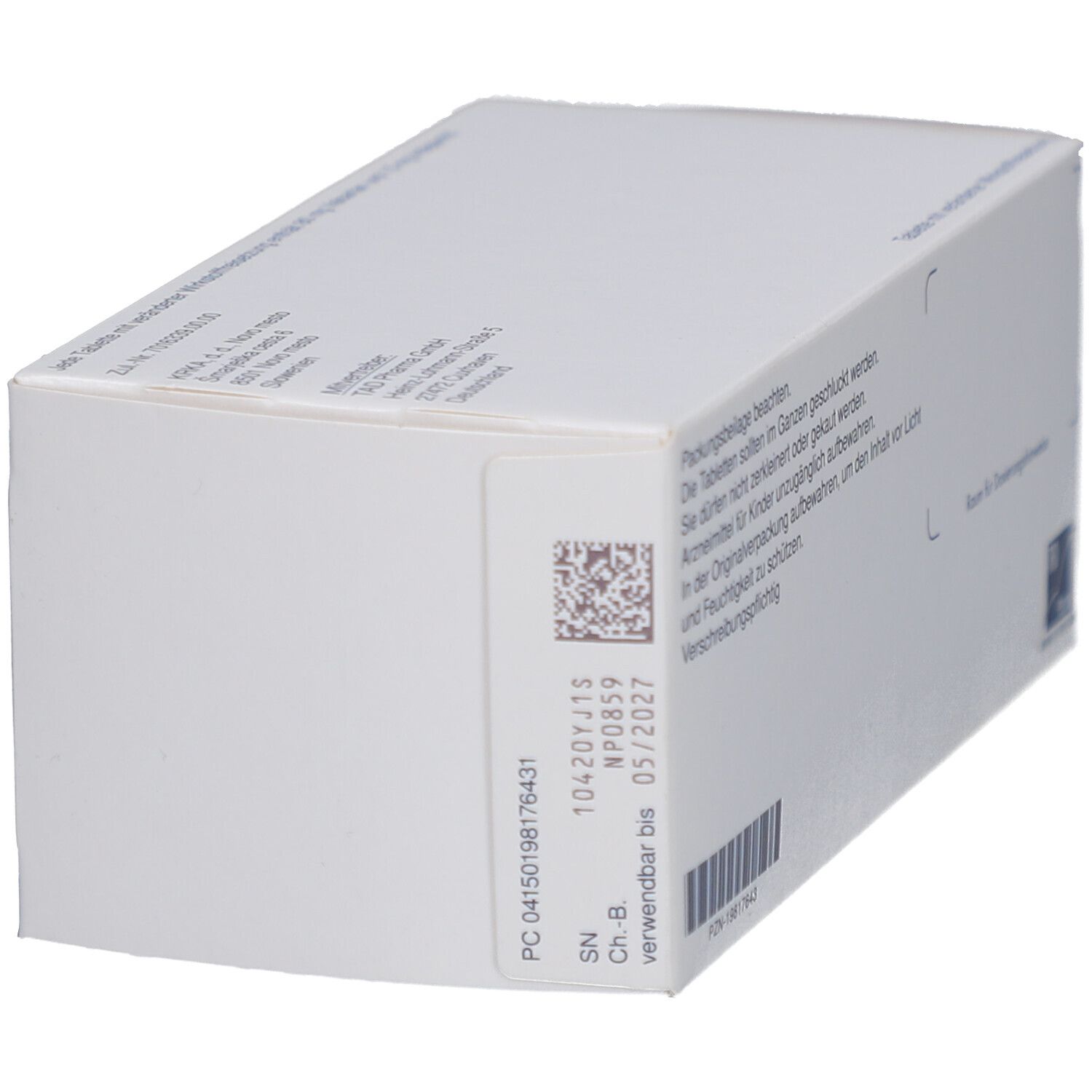 Weiße Tablettenbox mit Barcode, Chargennummer und Verfallsdatum. Aufdrucke: Vamipino, TBD Pharma Logo.