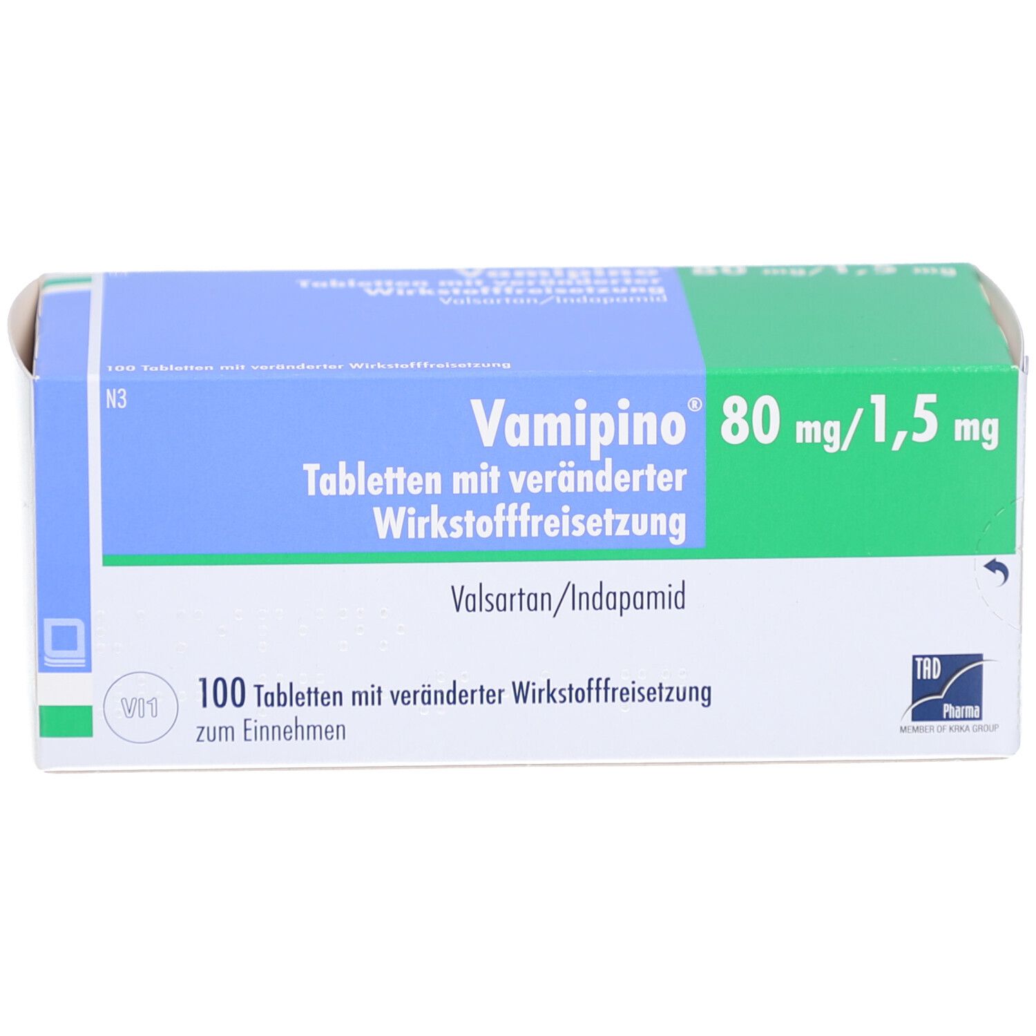 Vamipino-Verpackung. Blaue und grüne Schachtel mit Produktinformationen. Enthält 100 Tabletten.